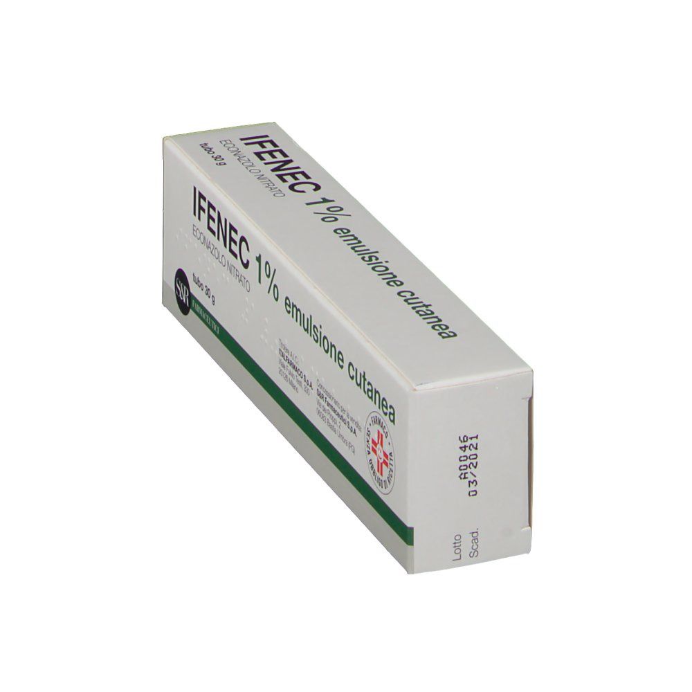 Scatola di IFENEC 1% emulsione cutanea. Vista obliqua. Bianca con dettagli verdi. Testo: IFENEC, 1%, emulsione, econazolo nitrato. Testo in italiano.