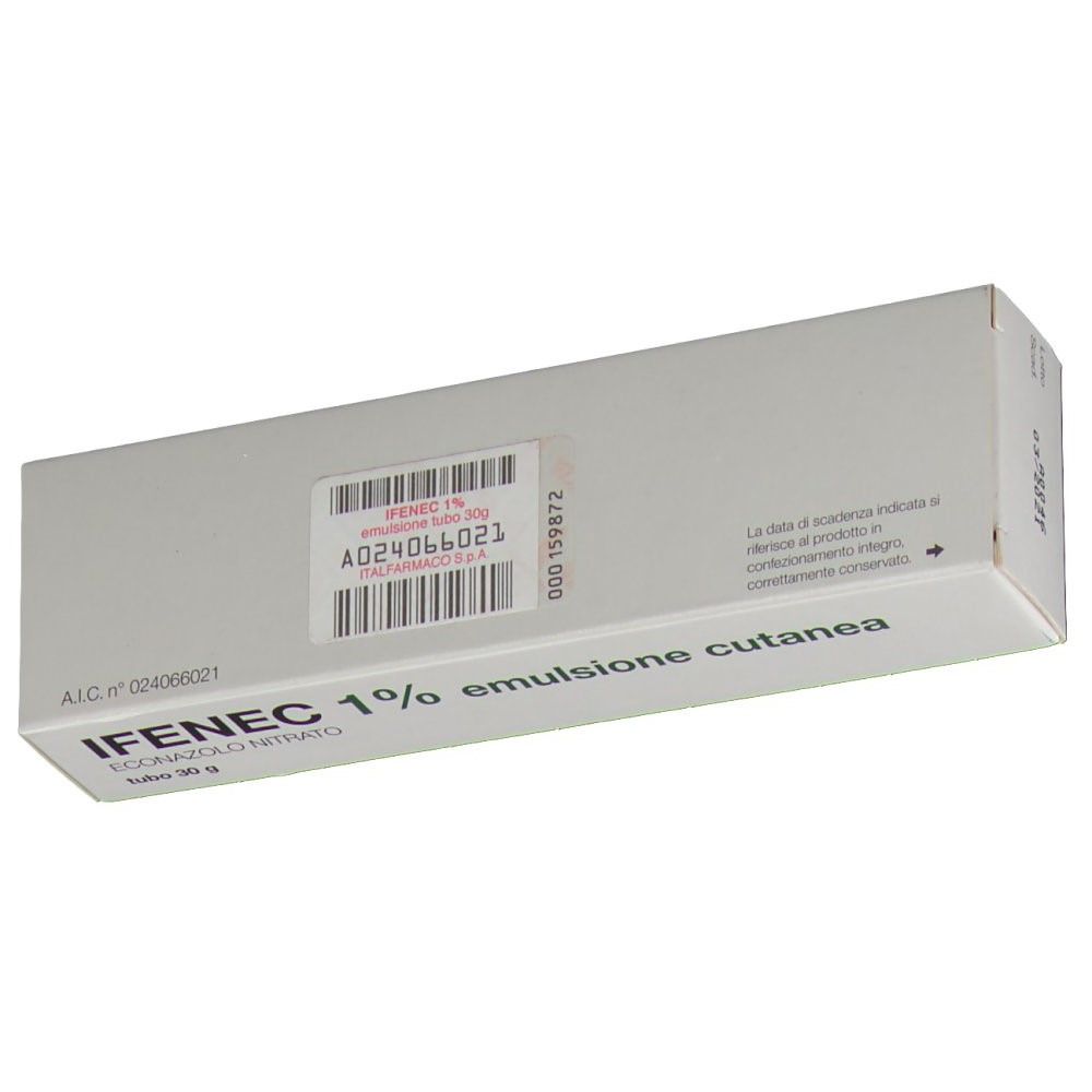 Retro della confezione di IFENEC 1% emulsione cutanea. Bianco con testo e codice a barre. Testo in italiano.