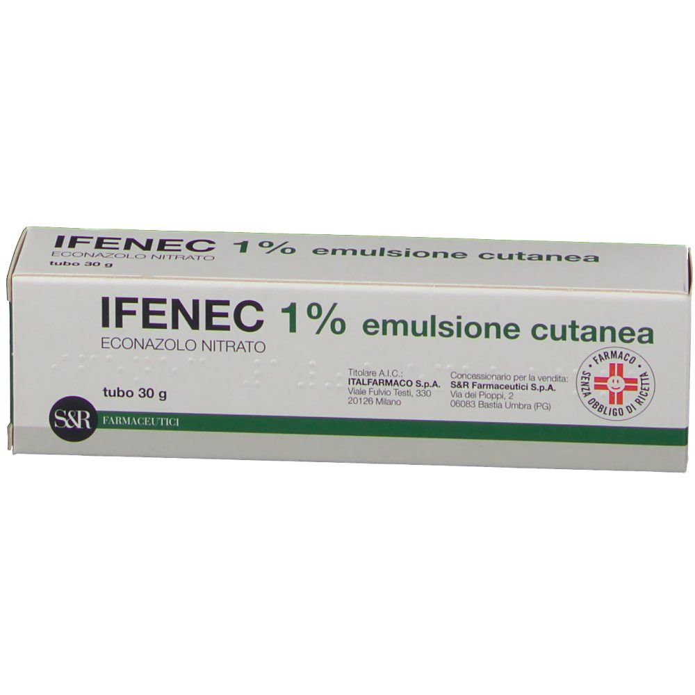 Scatola di IFENEC 1% emulsione cutanea. Bianca con dettagli verdi. Testo: IFENEC, 1%, emulsione, econazolo nitrato. Logo e testo in italiano.
