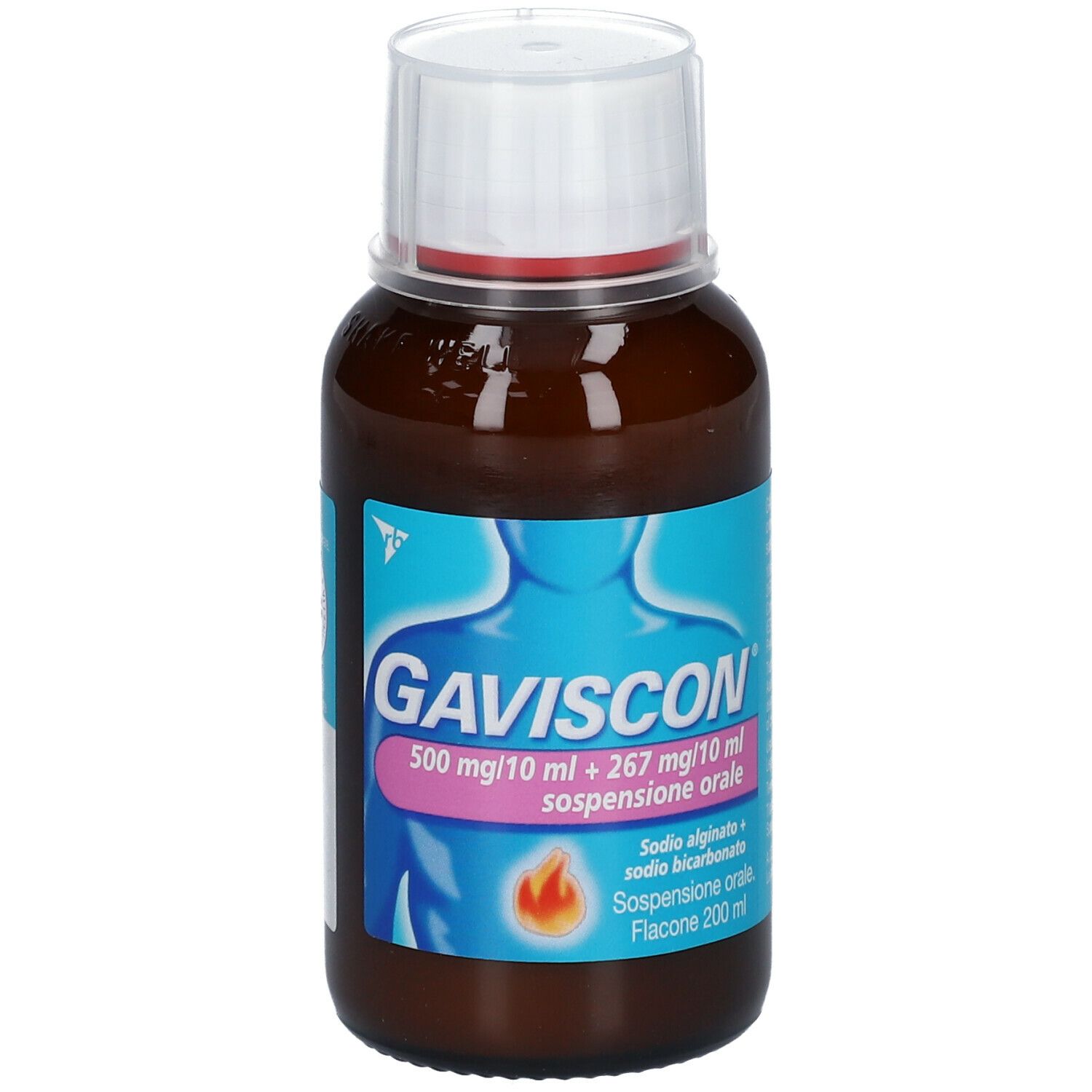 Flacone marrone con tappo bianco. Scritta GAVISCON, 500 mg/10 ml + 267 mg/10 ml. Anello rosso sul flacone.