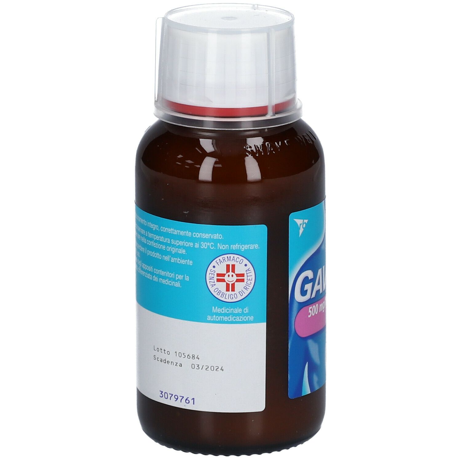 Flacone marrone con tappo bianco. Etichetta con testo. Logo farmacia. Numero di lotto e scadenza.