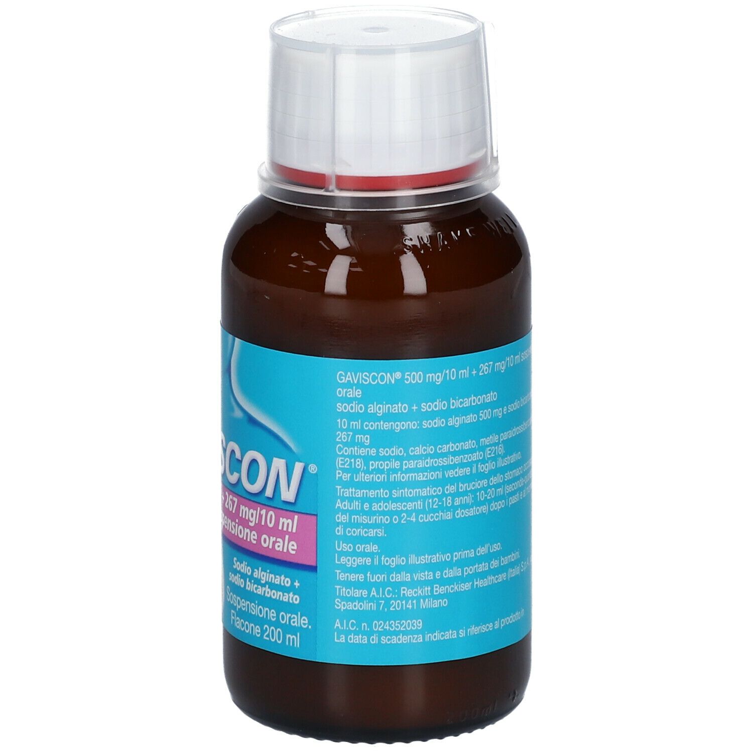 Flacone marrone con tappo bianco. Etichetta con testo. Informazioni sull'uso e ingredienti.