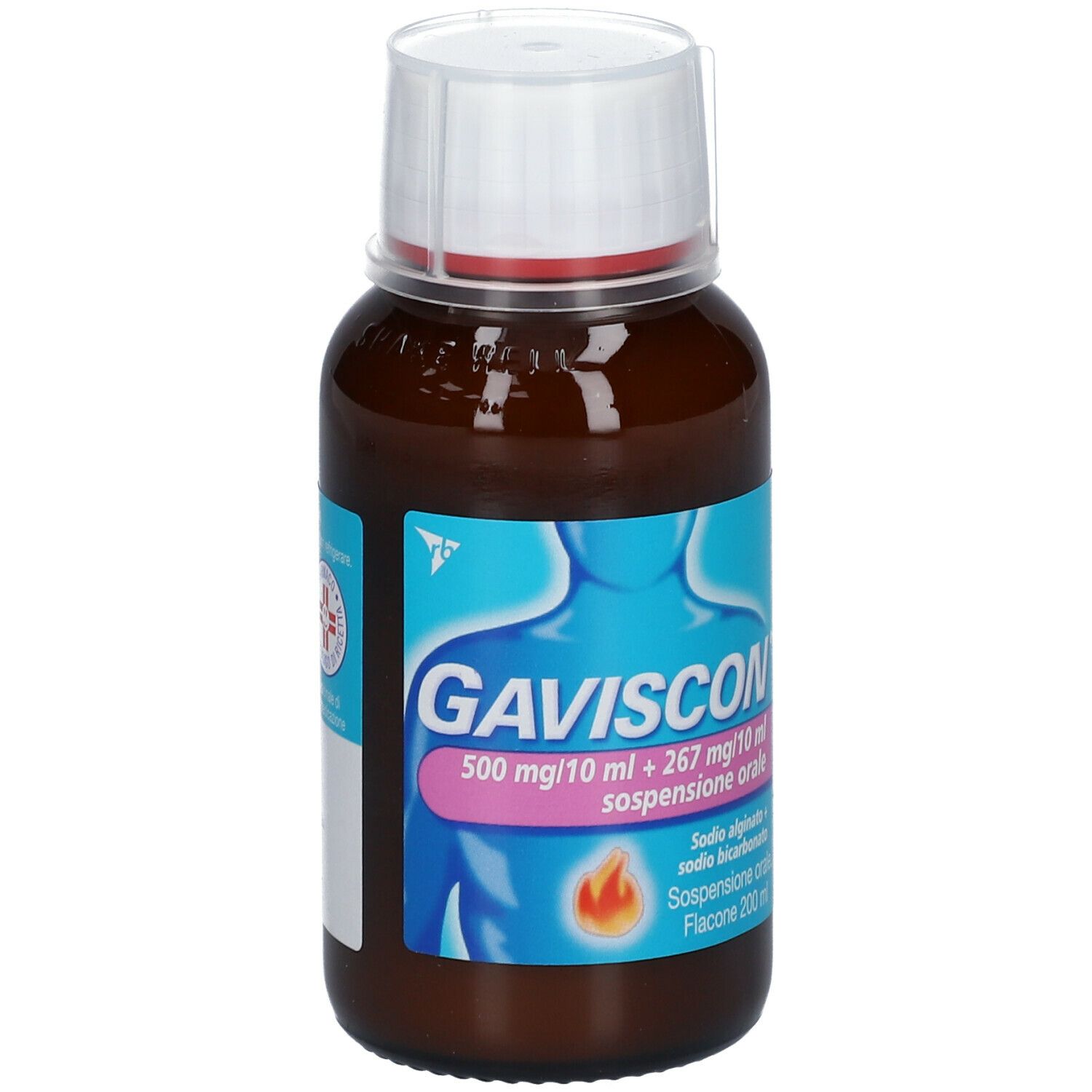Flacone marrone con tappo bianco. Scritta GAVISCON, 500 mg/10 ml + 267 mg/10 ml. Anello rosso sul flacone.