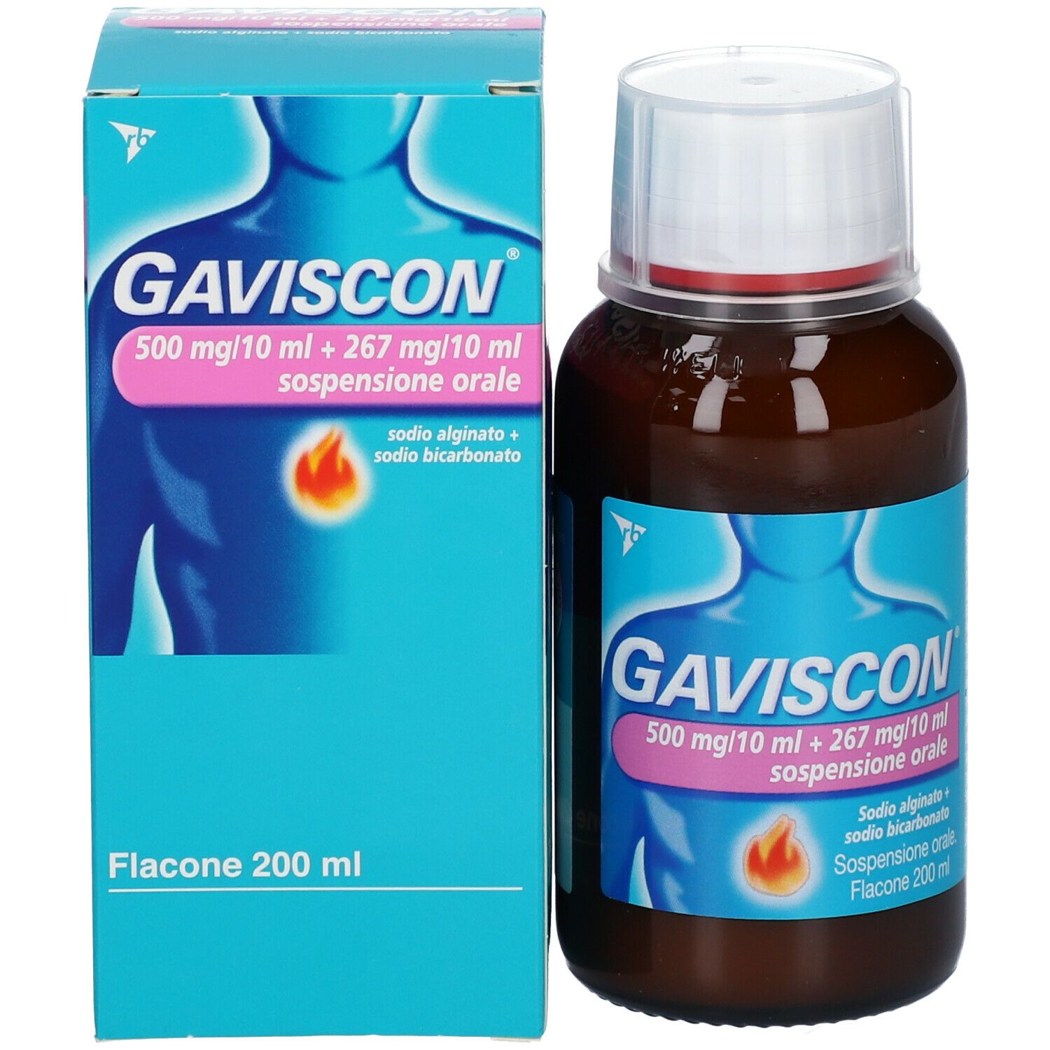 Flacone e scatola GAVISCON. Flacone marrone, scatola blu. Scritta GAVISCON, 500 mg/10 ml + 267 mg/10 ml.