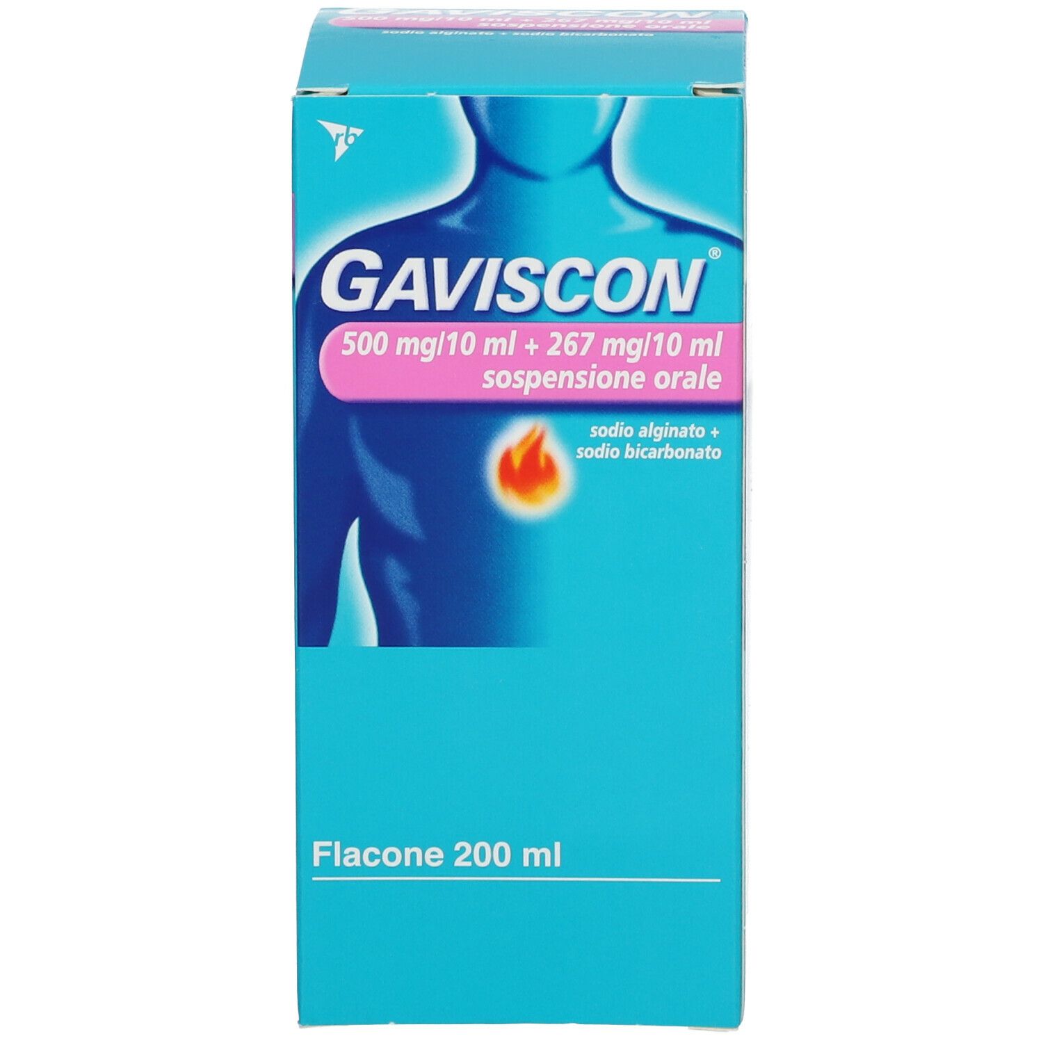 Scatola blu con scritta bianca GAVISCON, 500 mg/10 ml + 267 mg/10 ml. Flacone 200 ml.