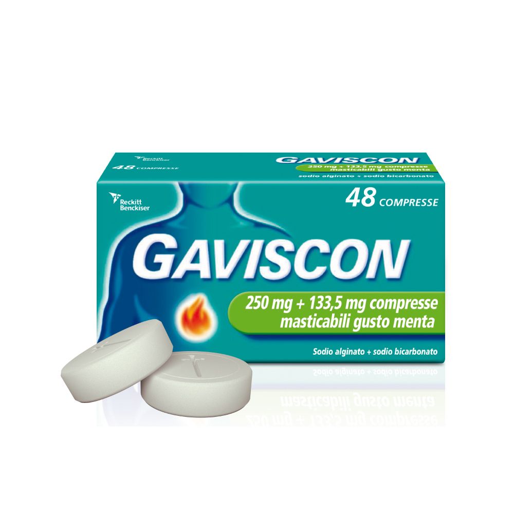 Scatola di compresse GAVISCON. Due compresse davanti. Scritto: 48 compresse, 250mg + 133,5mg, gusto menta.