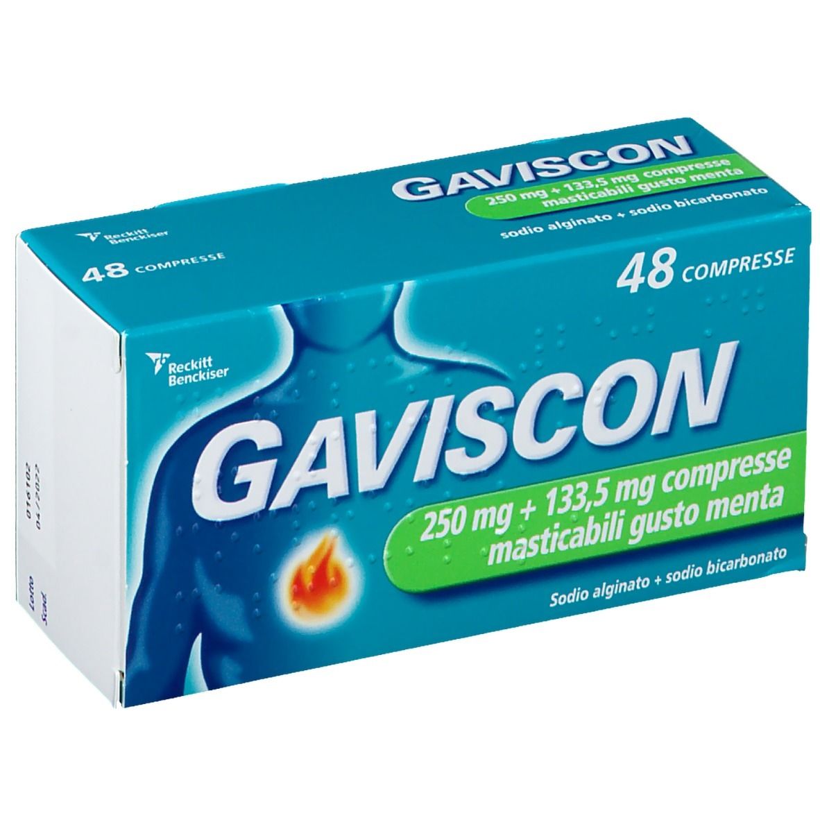 Scatola GAVISCON, blu-verde. Scritto: 48 compresse, 250mg + 133,5mg, gusto menta. Logo: persona con dolore addominale.