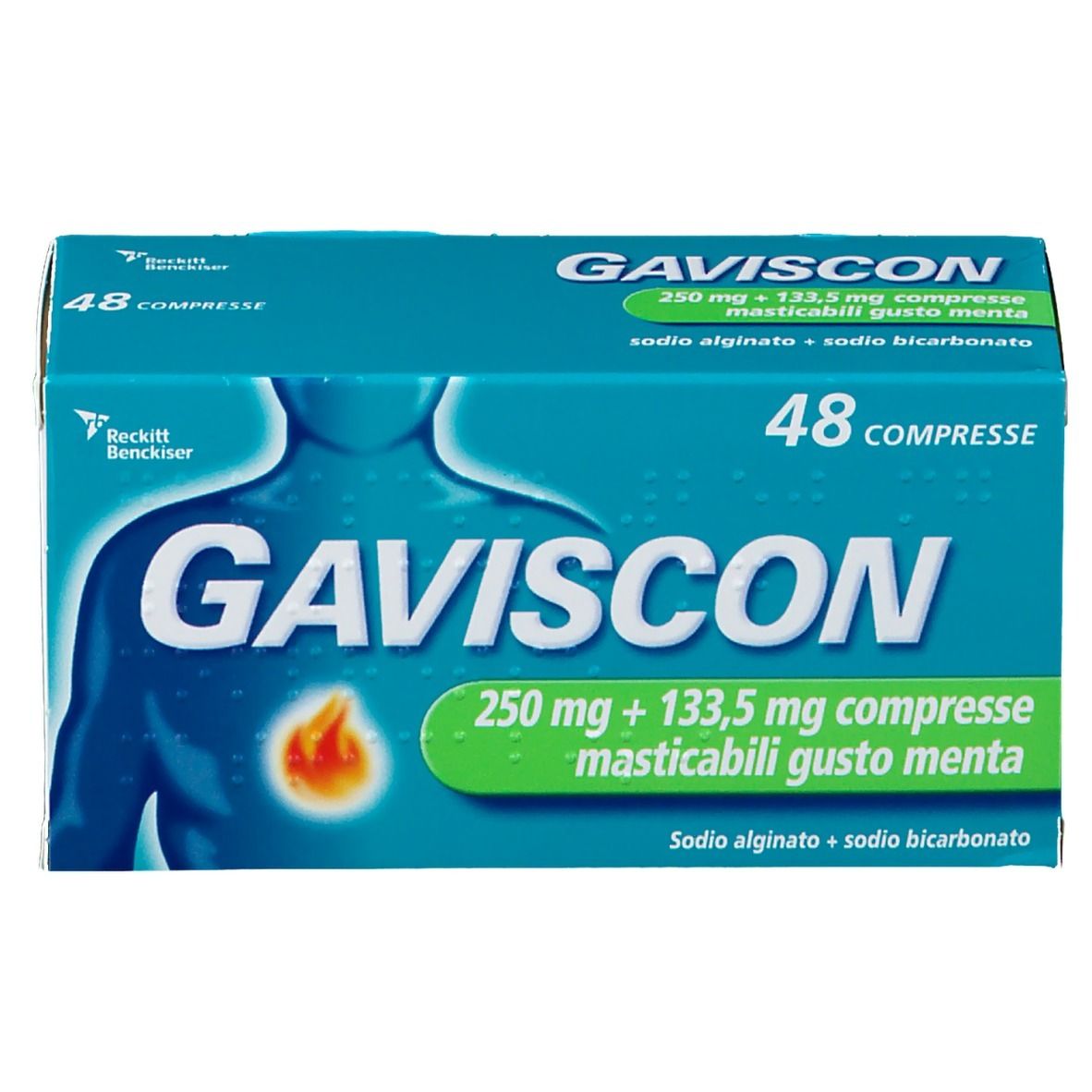 Scatola GAVISCON, blu-verde. Scritto: 48 compresse, 250mg + 133,5mg, gusto menta. Logo: persona con dolore addominale.