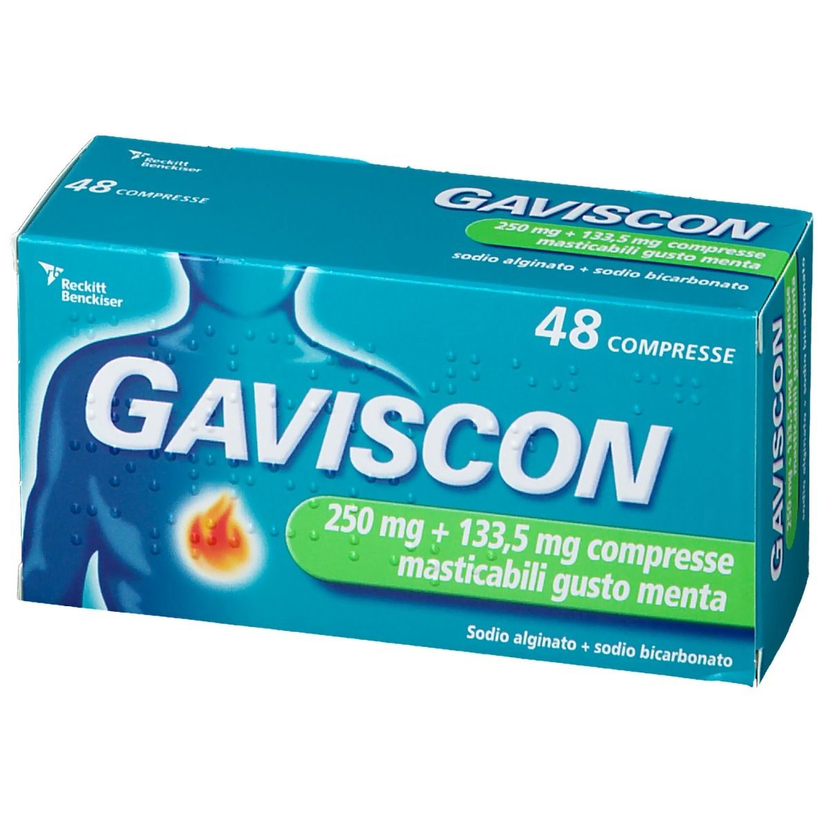 Scatola GAVISCON, blu-verde. Scritto: 48 compresse, 250mg + 133,5mg, gusto menta. Logo: persona con dolore addominale.