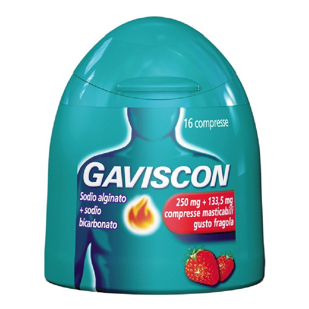Confezione turchese con logo GAVISCON, fragole e testo. Contiene 16 compresse masticabili.