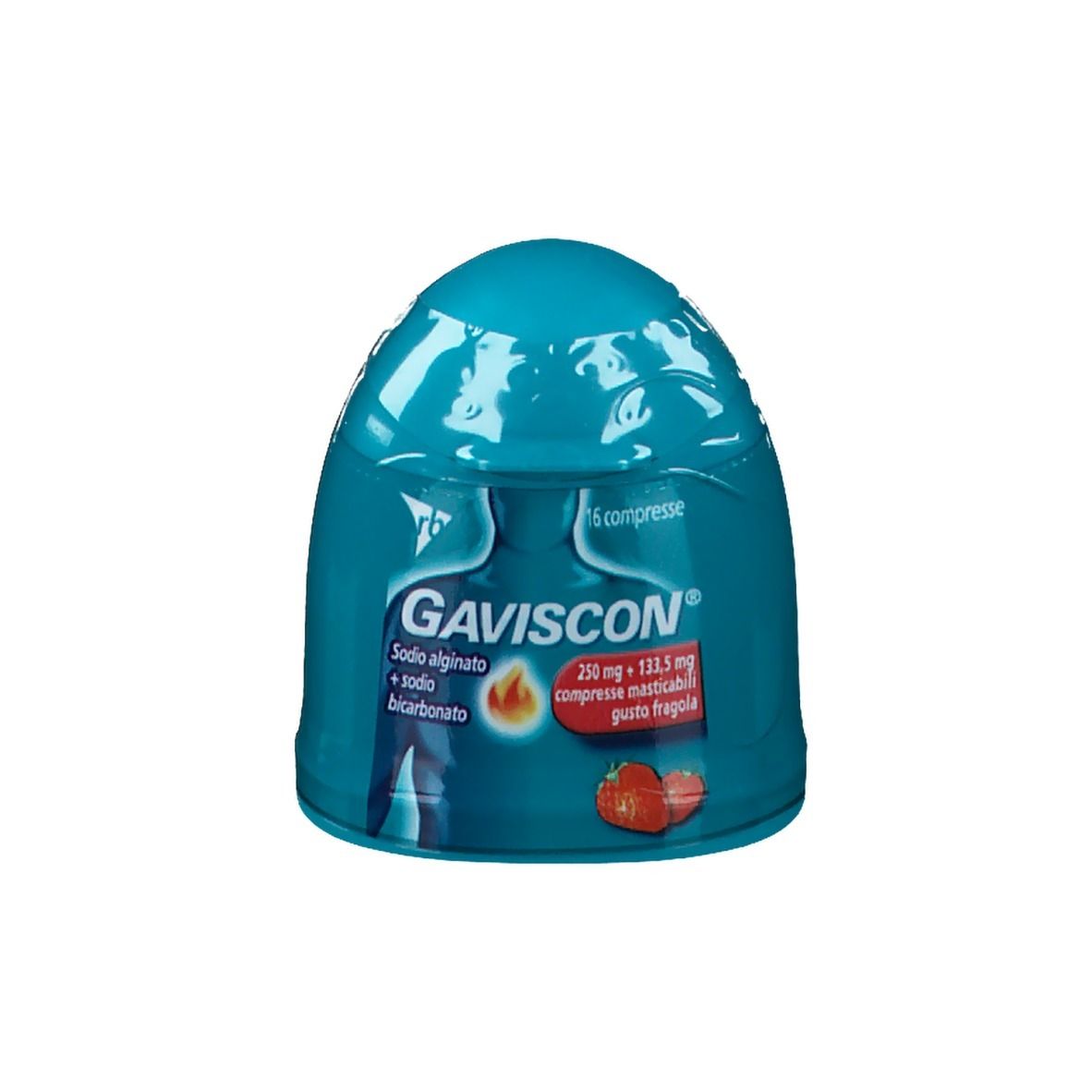 Confezione turchese con logo GAVISCON, fragole e testo. Contiene 16 compresse masticabili.