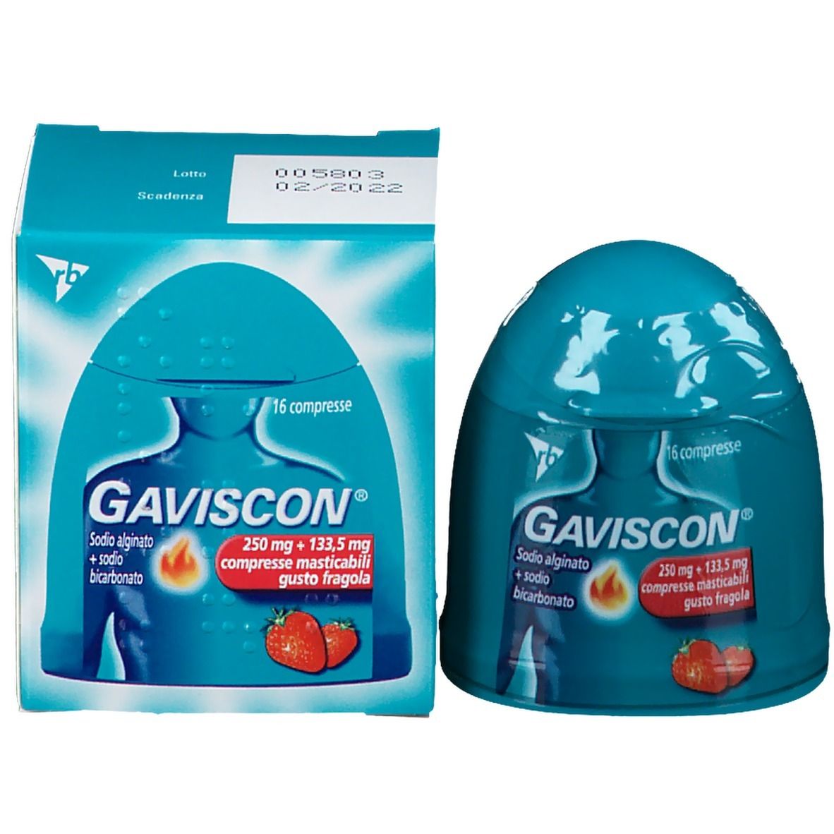 Confezione con logo GAVISCON, fragole e testo. Contiene 16 compresse masticabili. Accanto, la scatola.