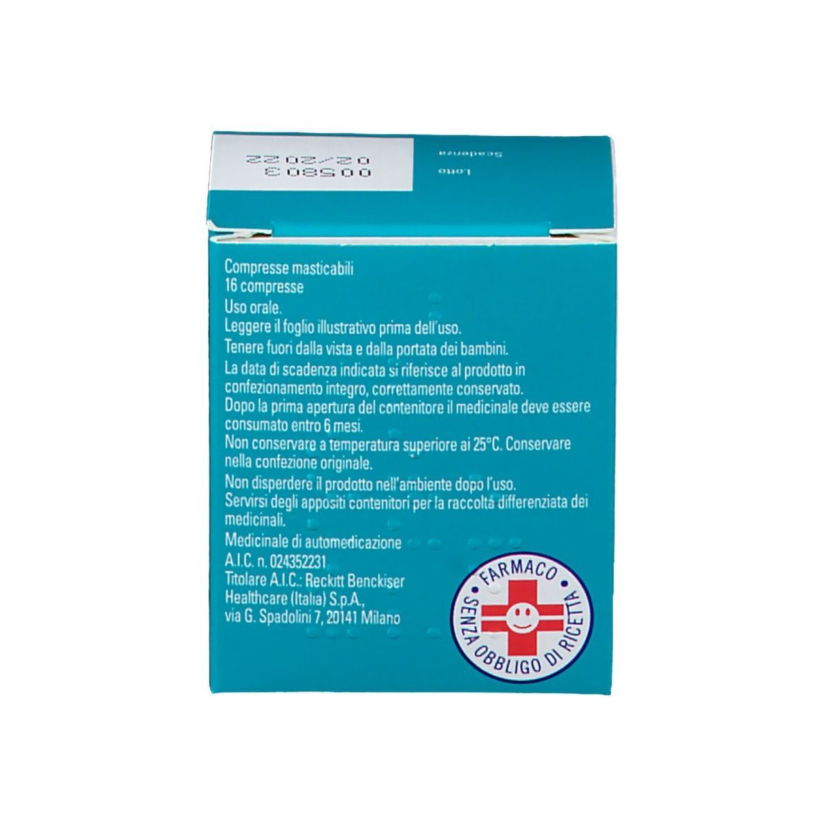 Parte superiore della scatola con testo. Contiene informazioni sull'uso.