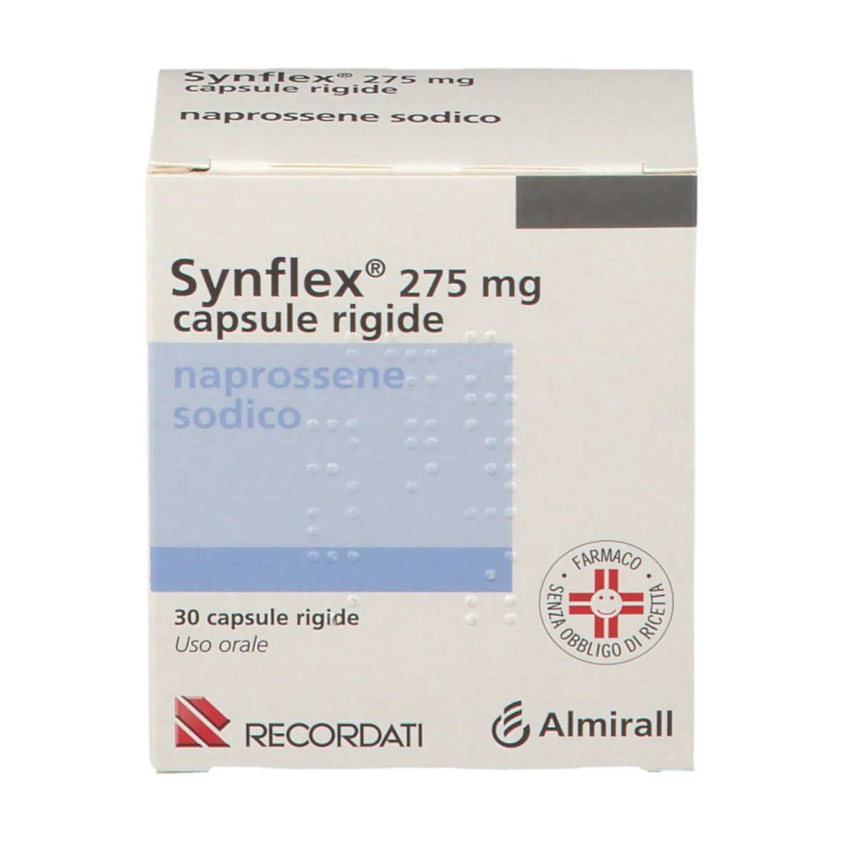 Scatola di Synflex® 275 mg capsule rigide, naprossene sodico. 30 capsule. Loghi Recordati e Almiral. Marchio farmaceutico.