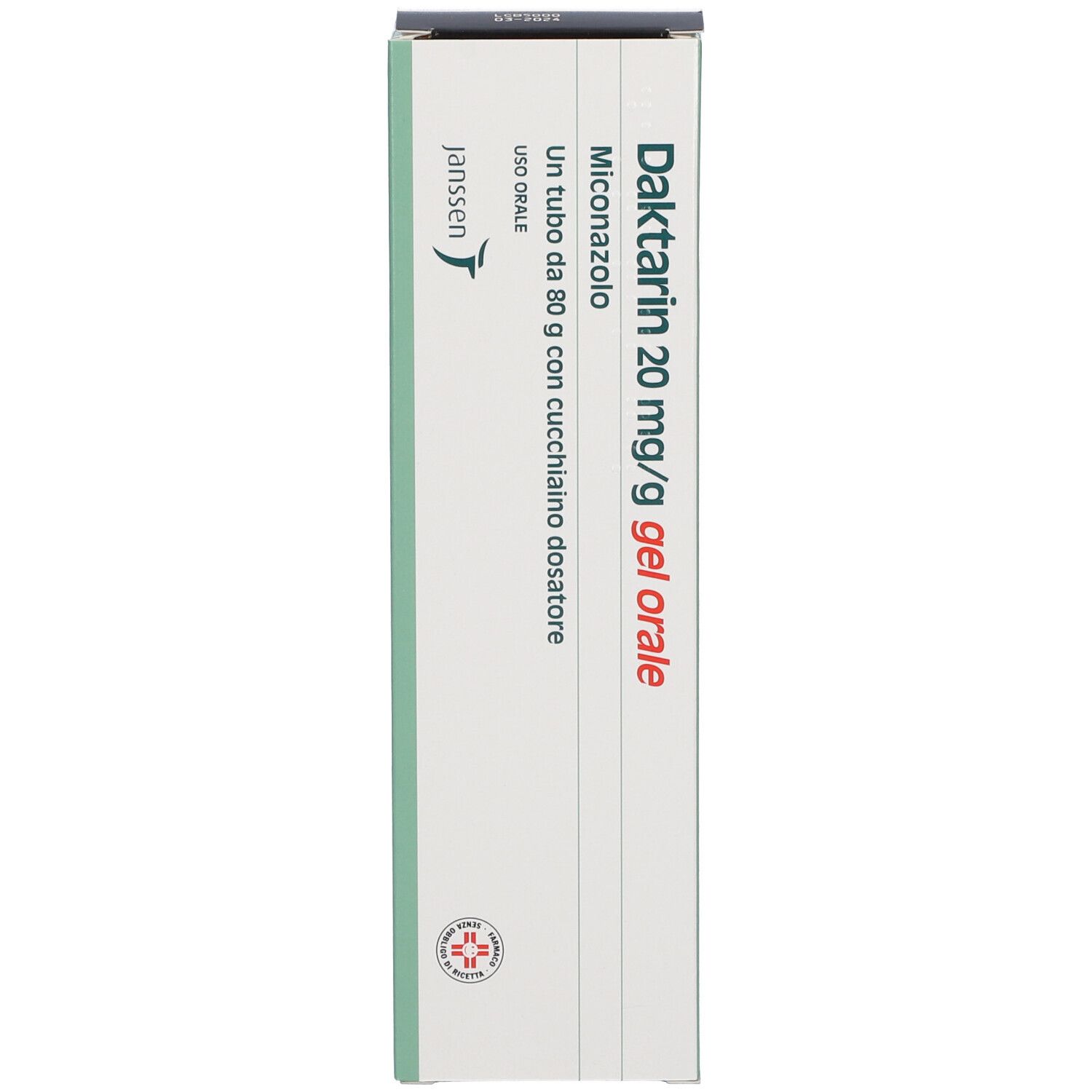 Scatola di Daktarin 20 mg/g gel orale. Contiene un cucchiaino dosatore. Logo Janssen. Testo rosso.