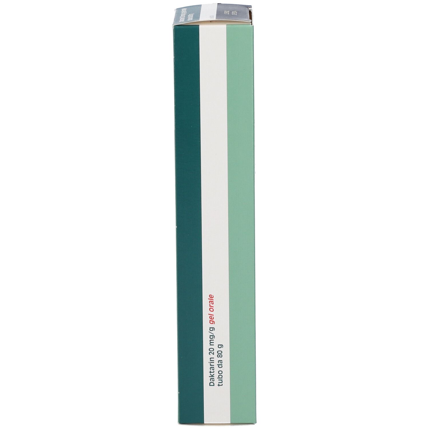Scatola di Daktarin 20 mg/g gel orale. Strisce verdi, bianche e nere. Testo bianco.