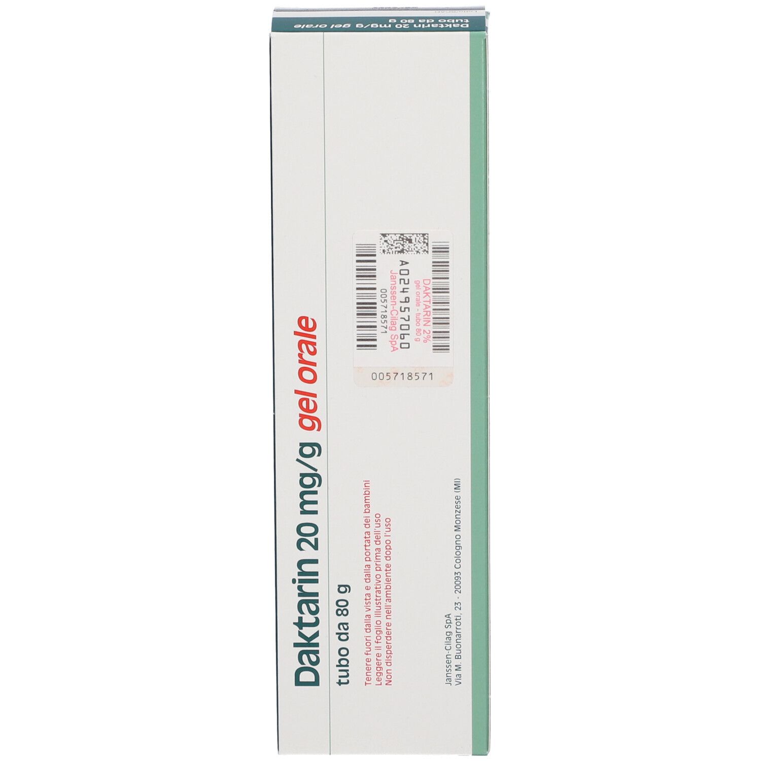 Scatola di Daktarin 20 mg/g gel orale. Testo rosso. Contiene 80 g. Codice e informazioni.