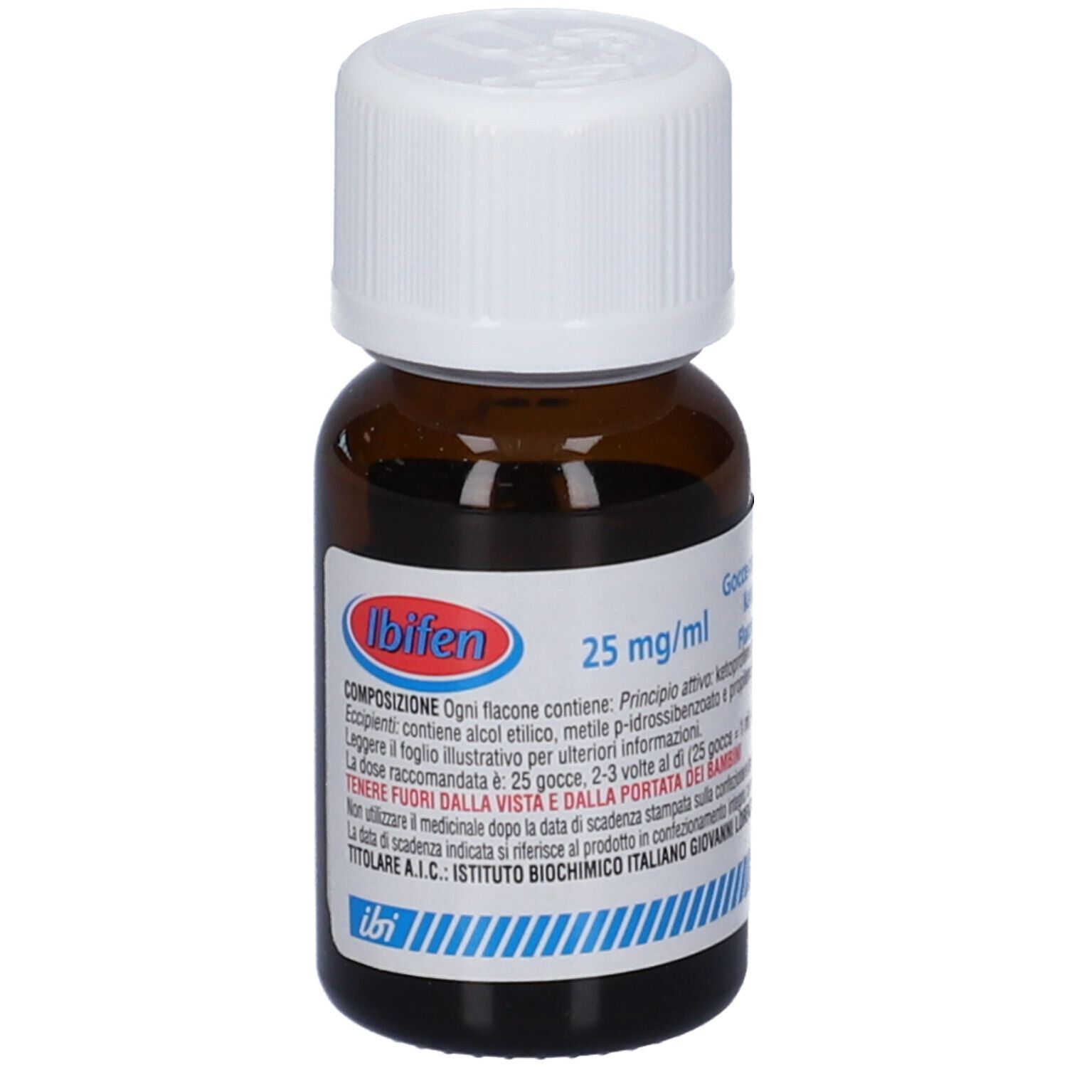 Flacone di vetro marrone con tappo bianco. Scritta: Ibifen 25 mg/ml. Etichetta con informazioni.