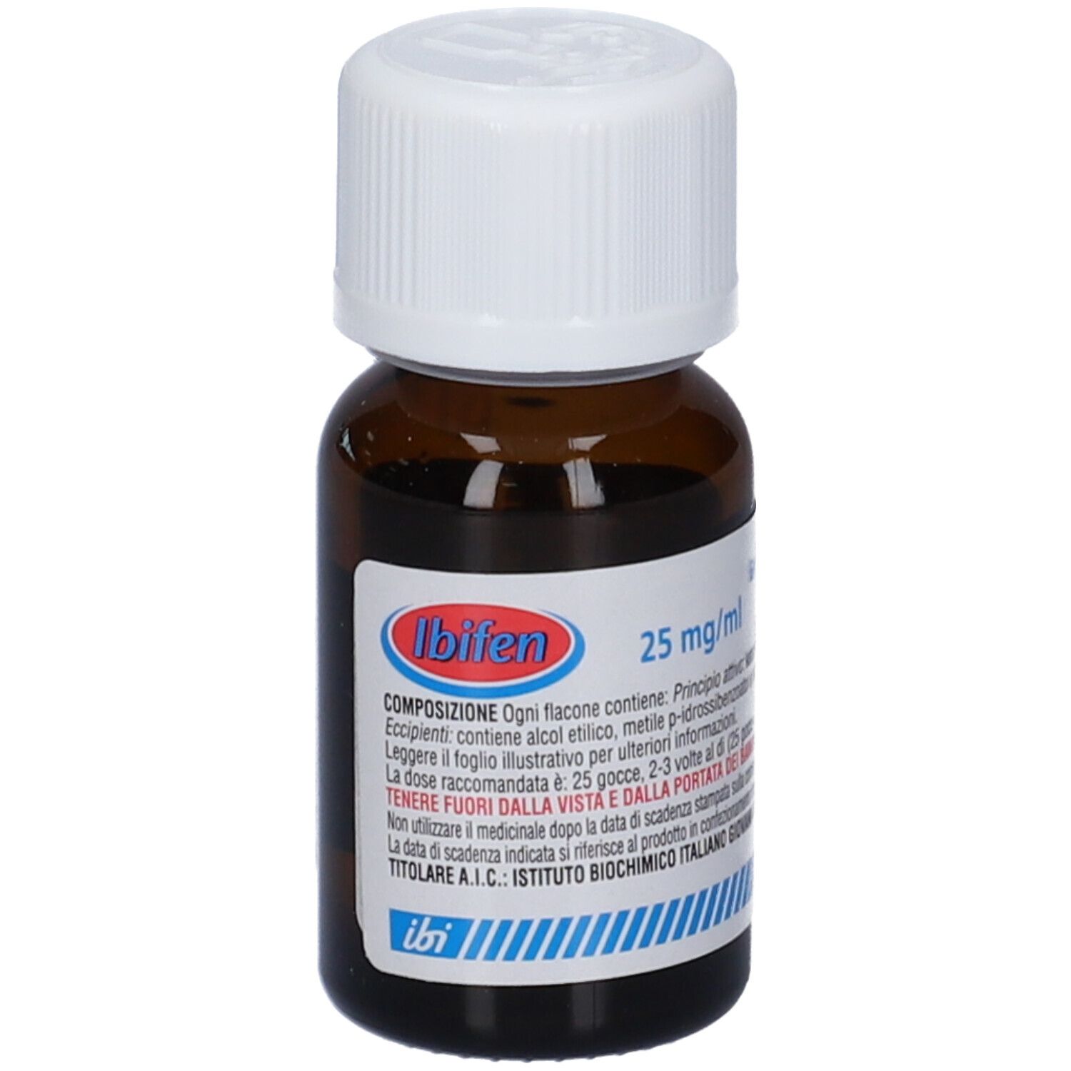 Flacone di vetro marrone con tappo bianco. Scritta: Ibifen 25 mg/ml. Etichetta con informazioni.
