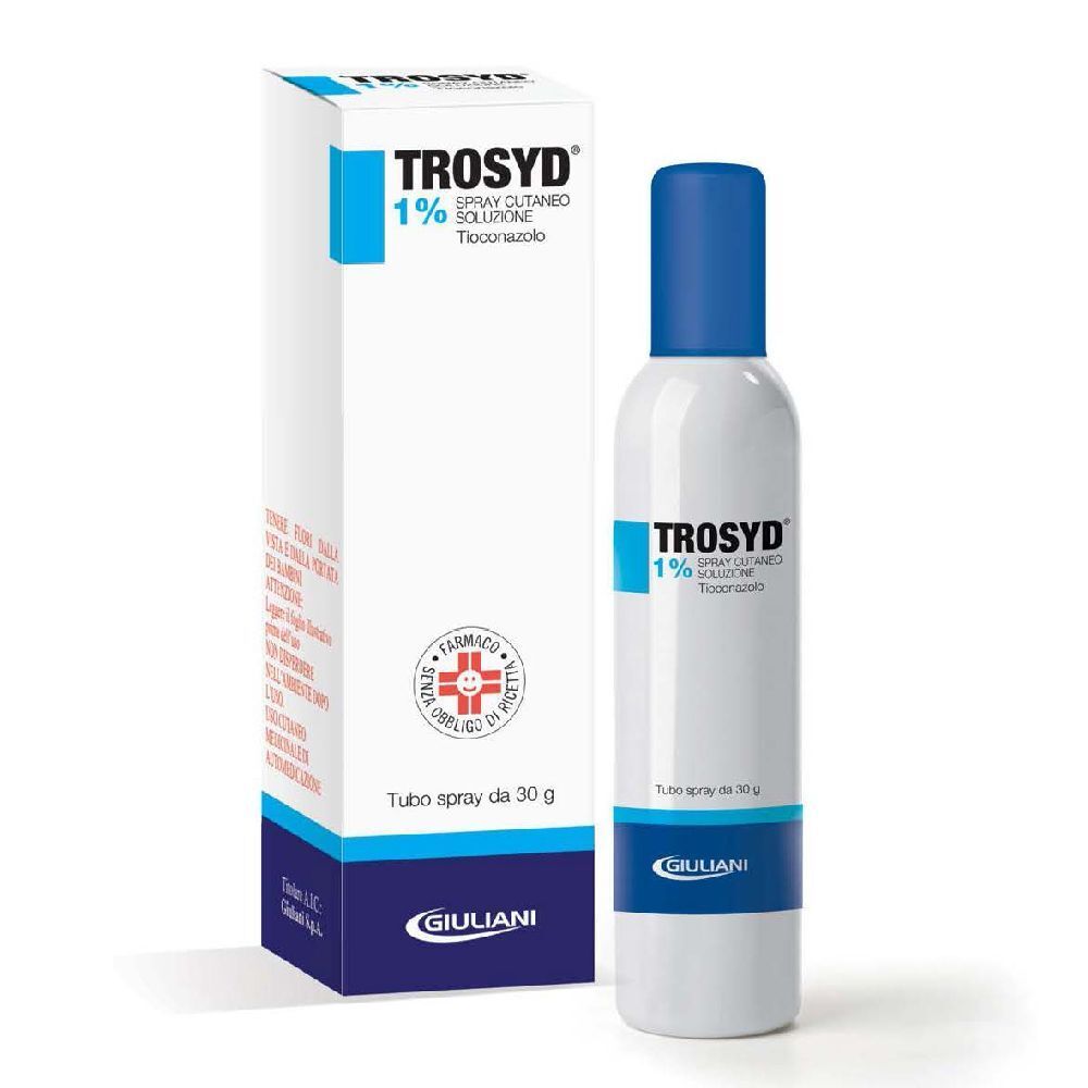 Spray bianco con tappo blu e confezione. Scritta: TROSYD 1% Spray Cutaneo Soluzione. Logo Giuliani.