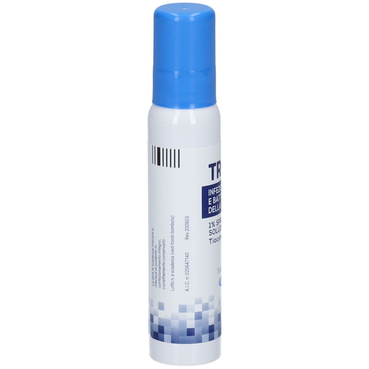 Spray bianco con tappo blu. Scritta: TROSYD, 1% Spray Cutaneo Soluzione. Codice a barre e informazioni.