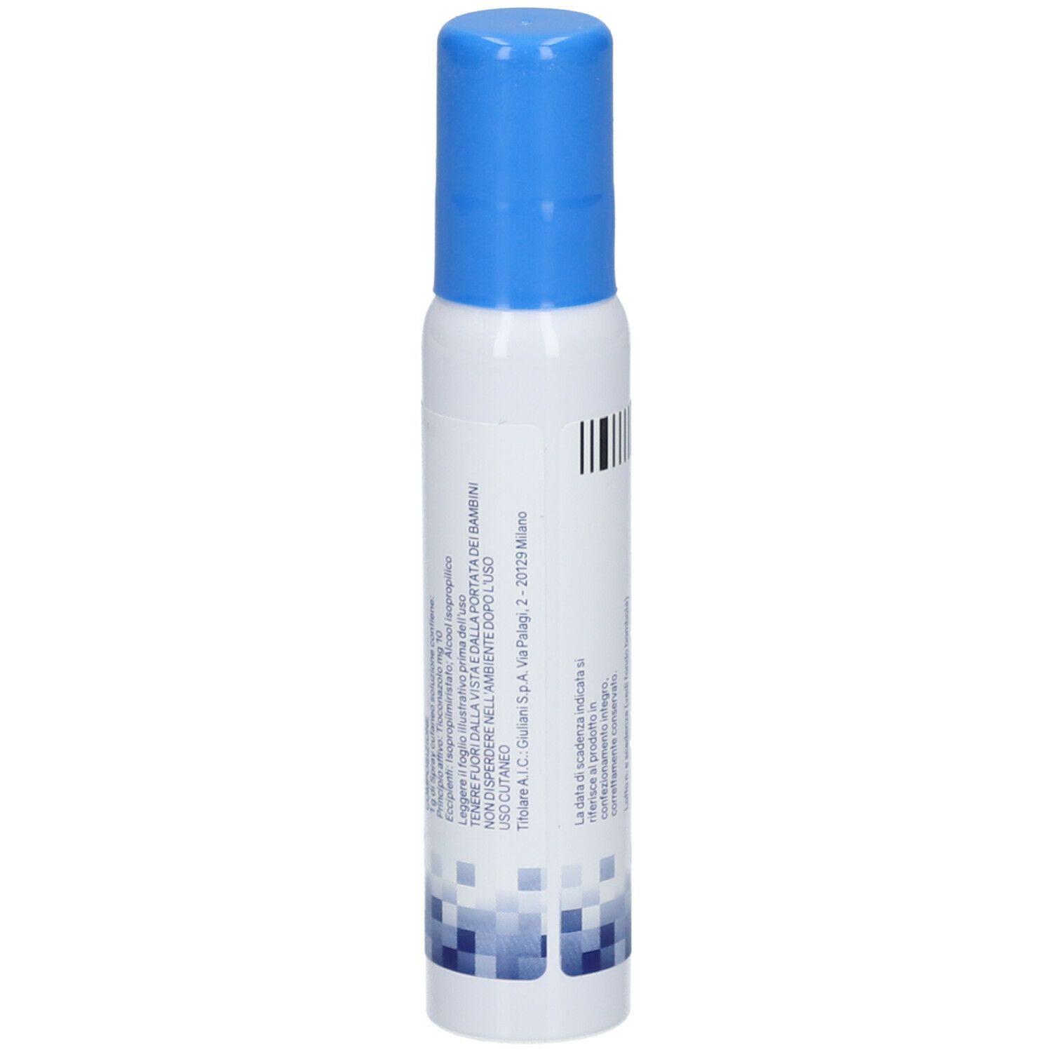 Spray bianco con tappo blu. Scritta: TROSYD, 1% Spray Cutaneo Soluzione. Codice a barre e informazioni.
