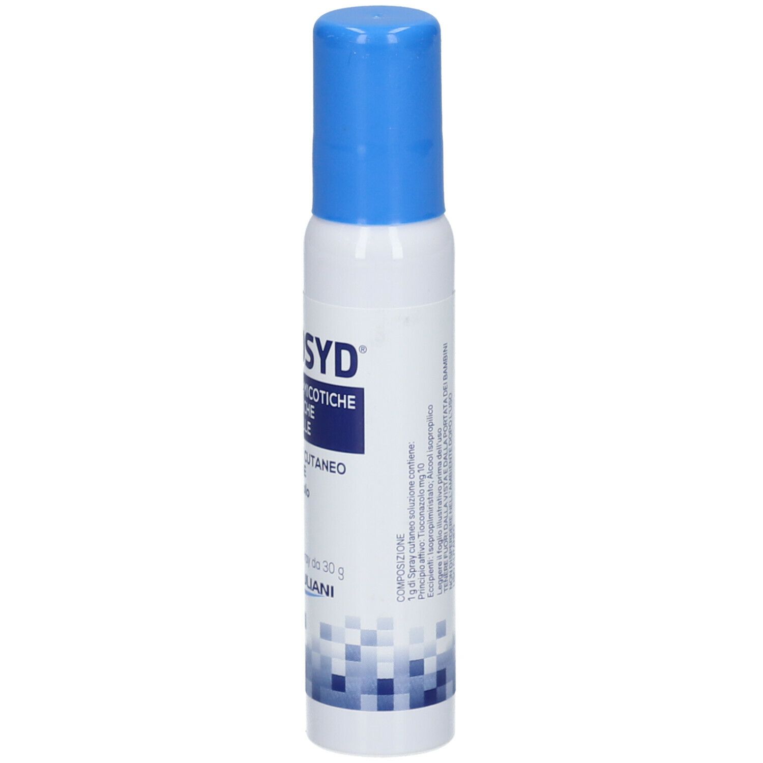 Spray bianco con tappo blu. Scritta: TROSYD, 1% Spray Cutaneo Soluzione. Informazioni e logo Giuliani.