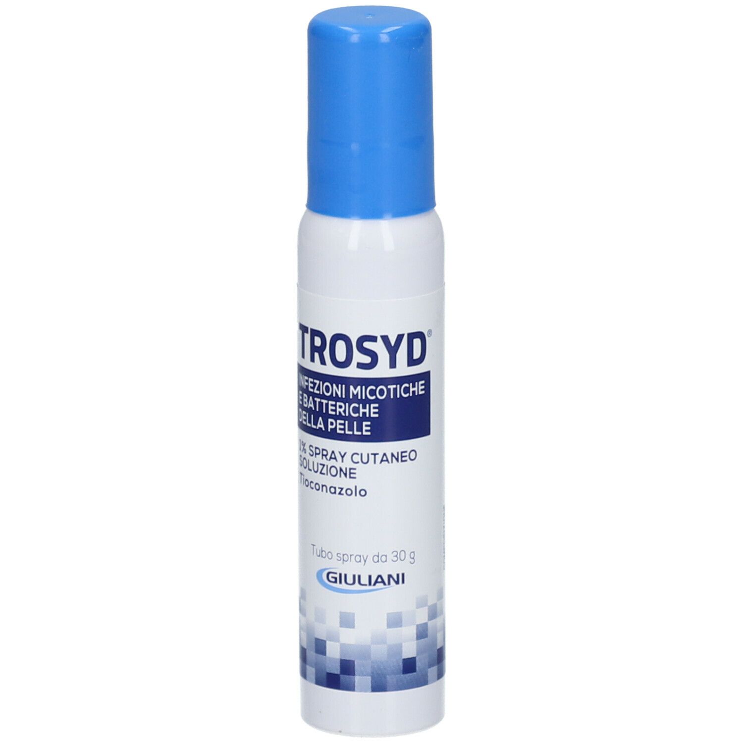 Spray bianco con tappo blu. Scritta: TROSYD, 1% Spray Cutaneo Soluzione. Informazioni e logo Giuliani.