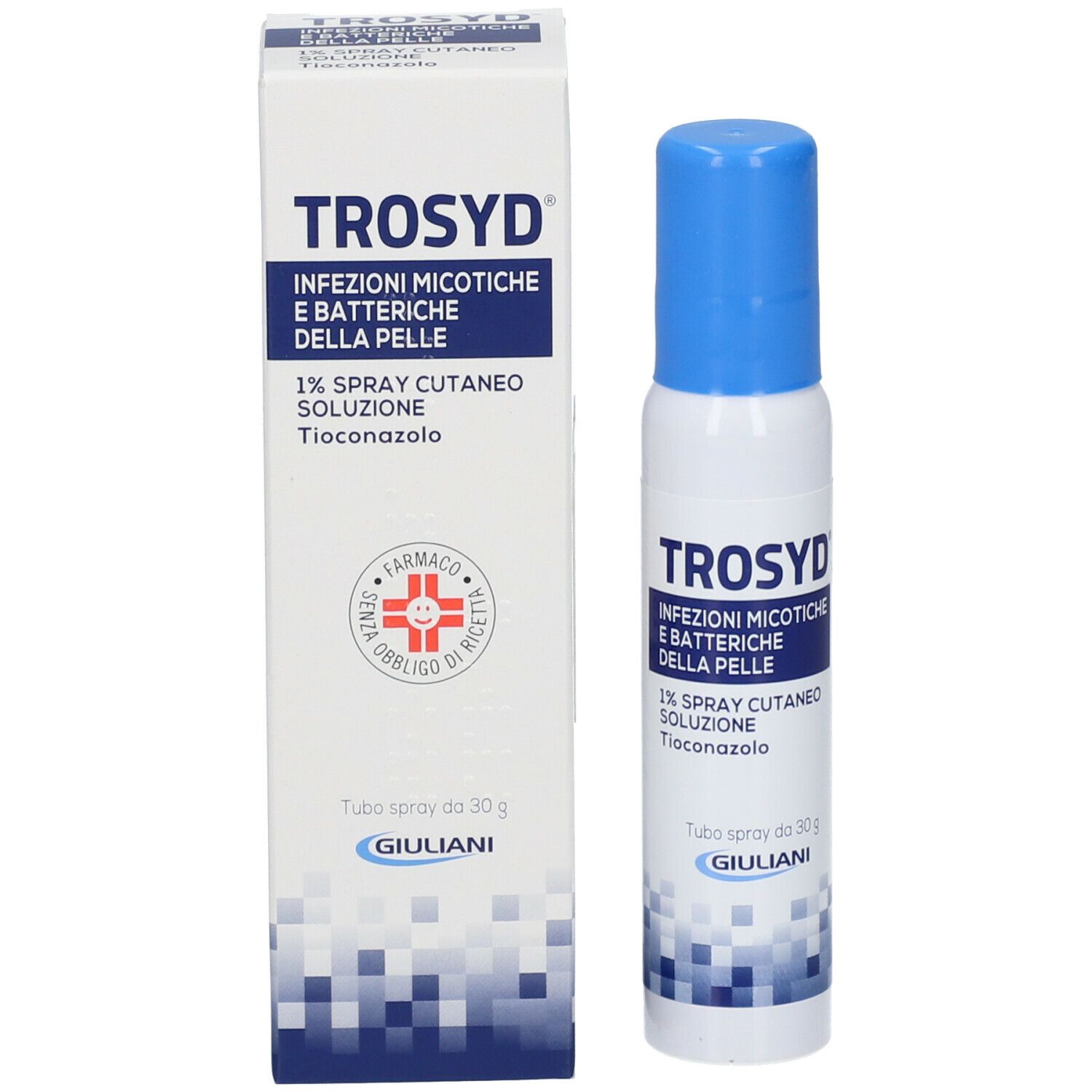 Spray bianco con tappo blu e confezione. Scritta: TROSYD, 1% Spray Cutaneo Soluzione. Logo Giuliani.