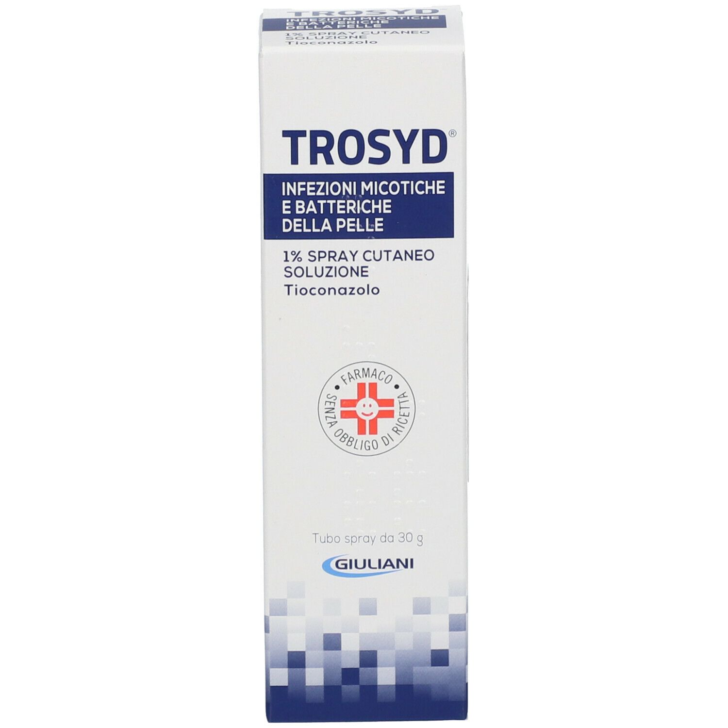 Confezione bianca con scritta: TROSYD, 1% Spray Cutaneo Soluzione. Logo Giuliani e simbolo farmacia.