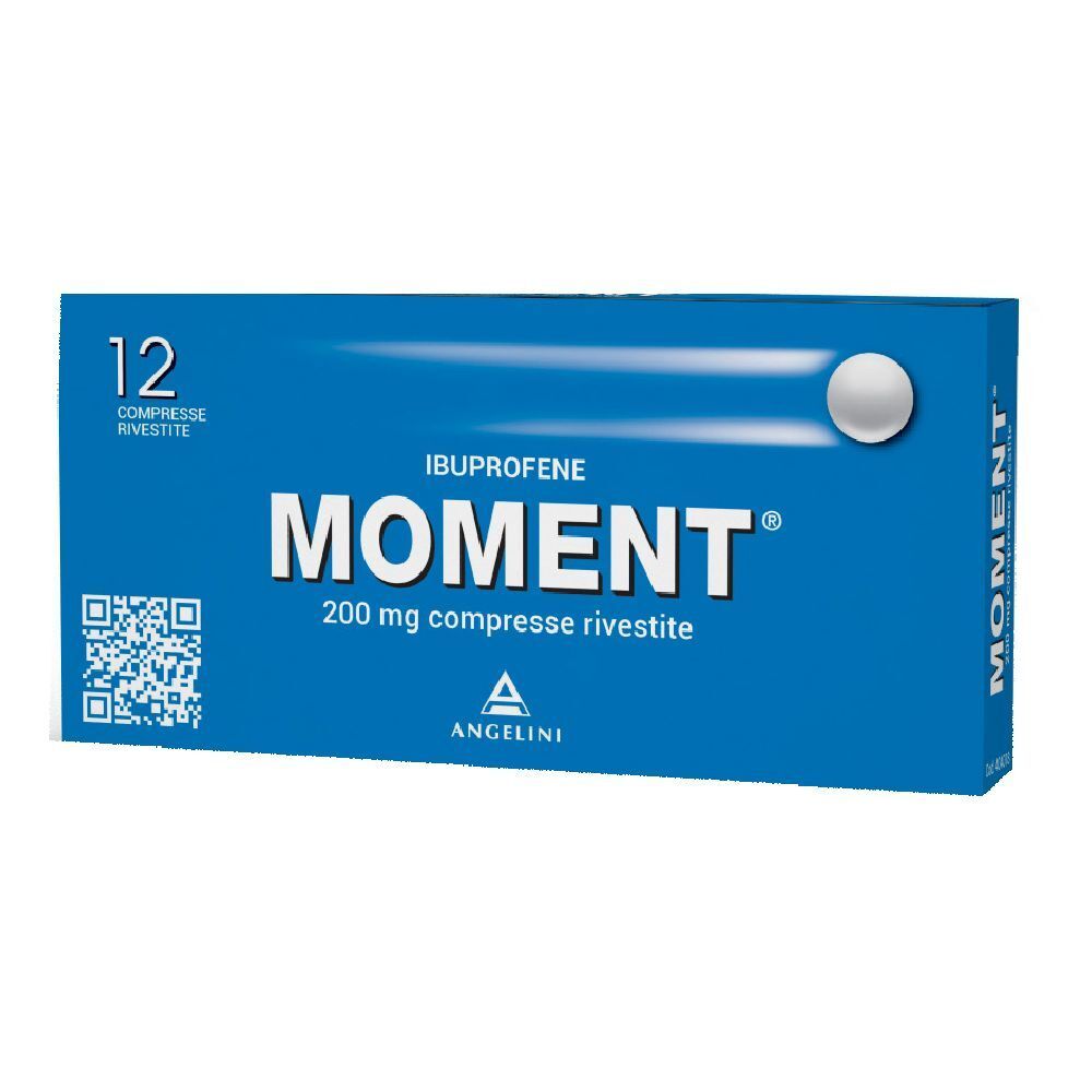 Scatola blu "MOMENT" 200 mg compresse rivestite. 12 compresse. Marca Angelini. Compressa bianca.
