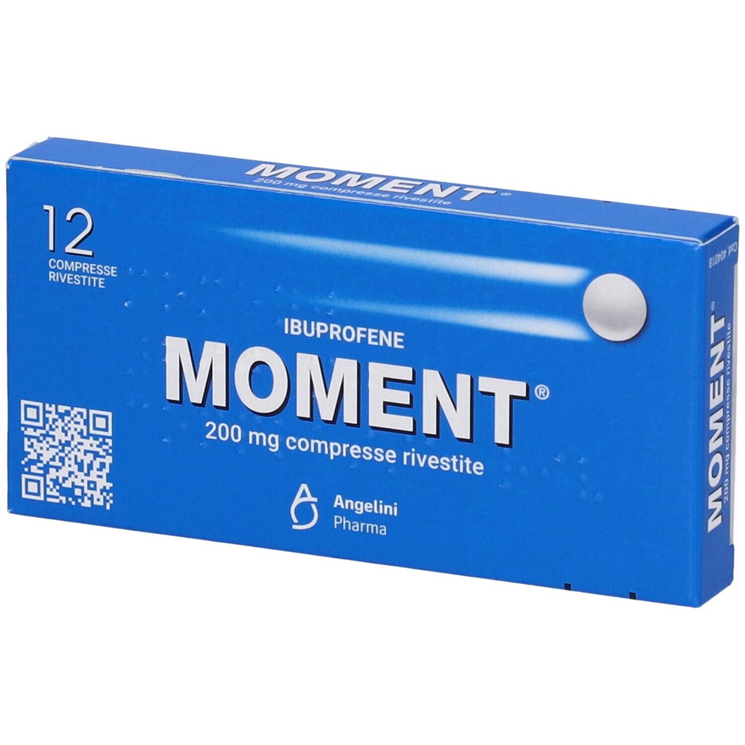 Scatola blu "MOMENT" 200 mg compresse rivestite. 12 compresse. Marca Angelini. Compressa bianca.