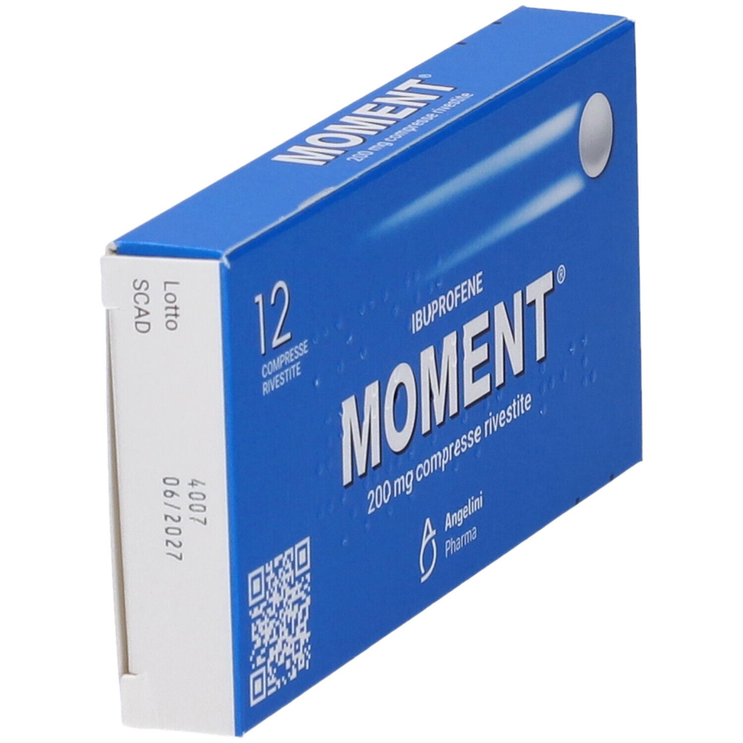 Scatola blu "MOMENT" 200 mg compresse rivestite. 12 compresse. Marca Angelini. Compressa bianca.