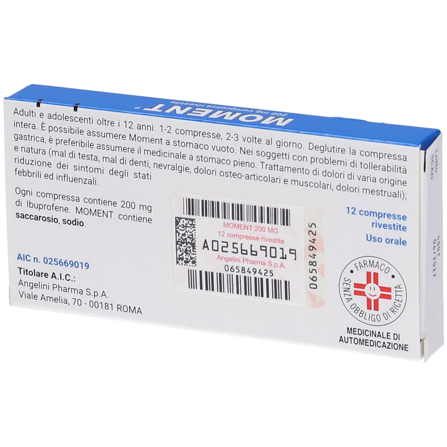 Retro della scatola blu. Testo: "MOMENT 200 mg". 12 compresse. Informazioni e logo.