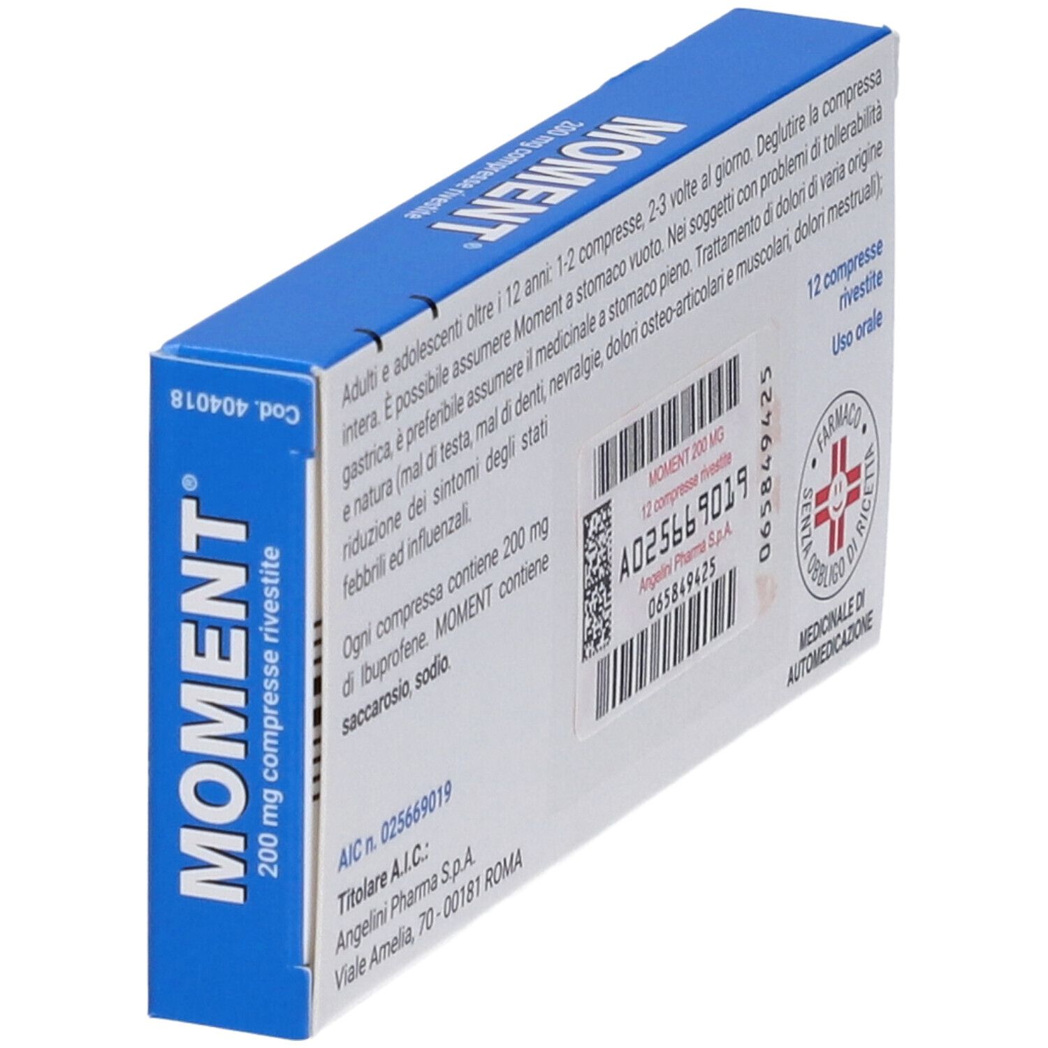 Retro della scatola blu. Testo: "MOMENT 200 mg". 12 compresse. Informazioni e logo.