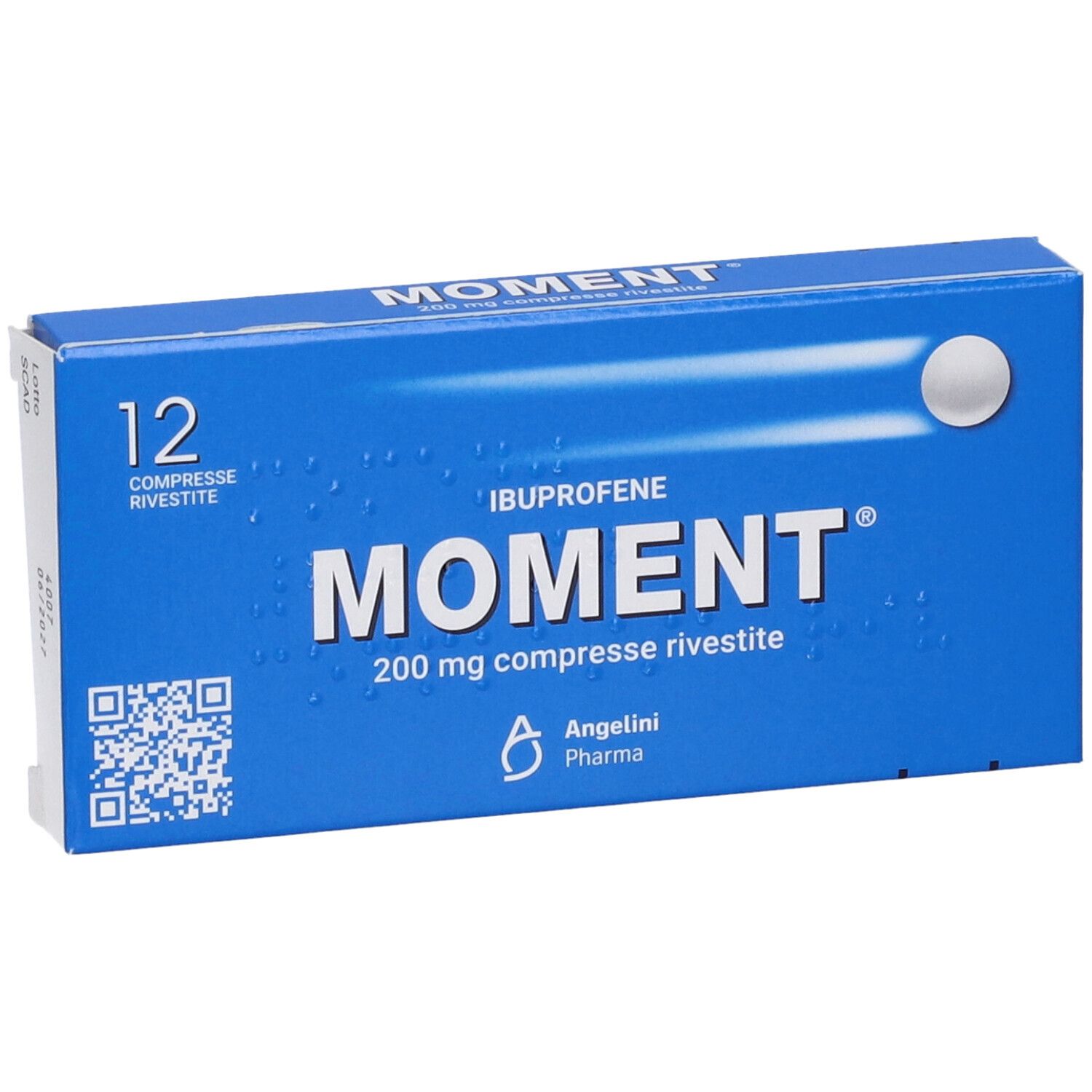 Scatola blu "MOMENT" 200 mg compresse rivestite. 12 compresse. Marca Angelini. Compressa bianca.