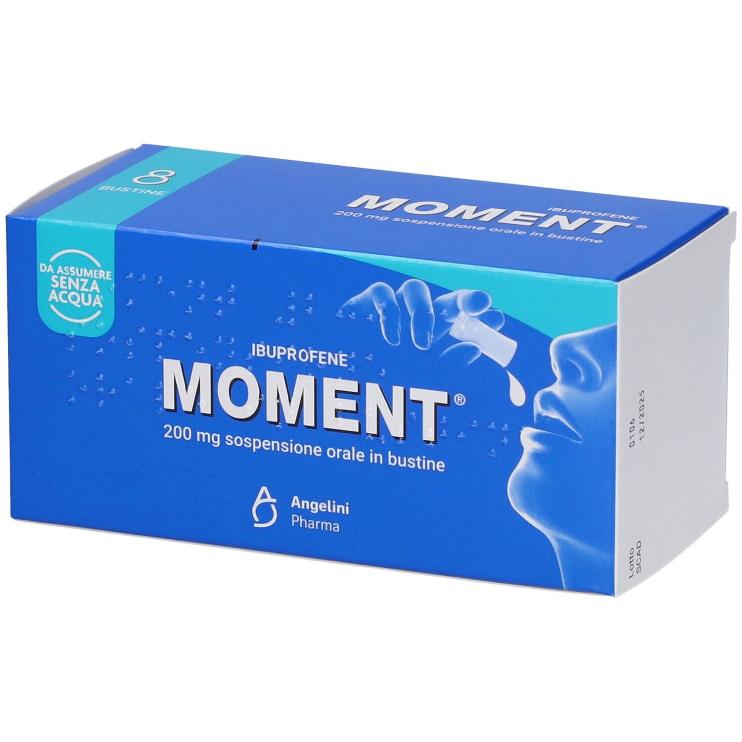 Scatola blu "Moment" con 8 bustine. Scritta: 200 mg sospensione orale in bustine. Illustrazione di persona.