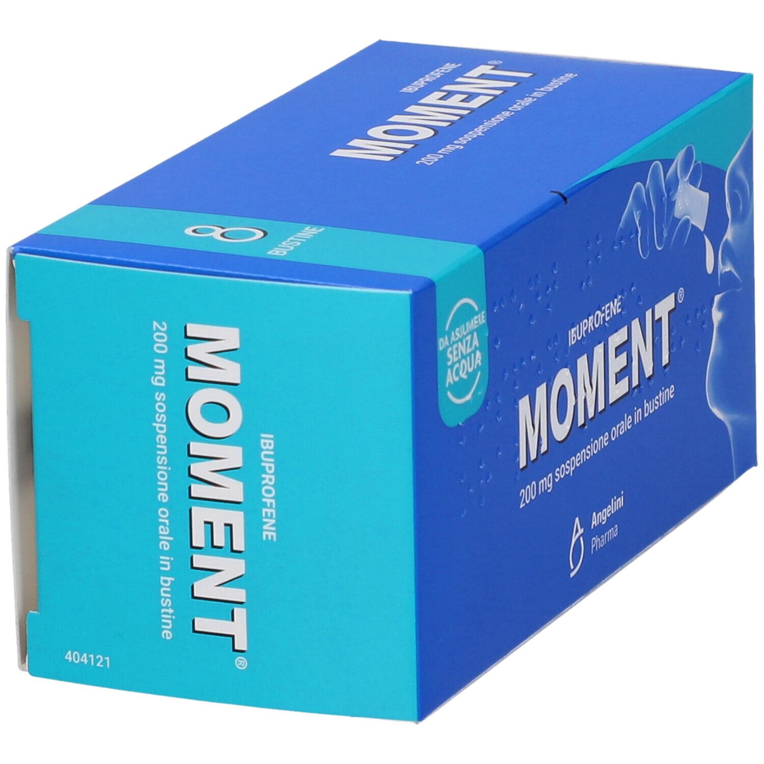 Scatola blu "Moment" con 8 bustine. Scritta: 200 mg sospensione orale in bustine. Vista laterale.