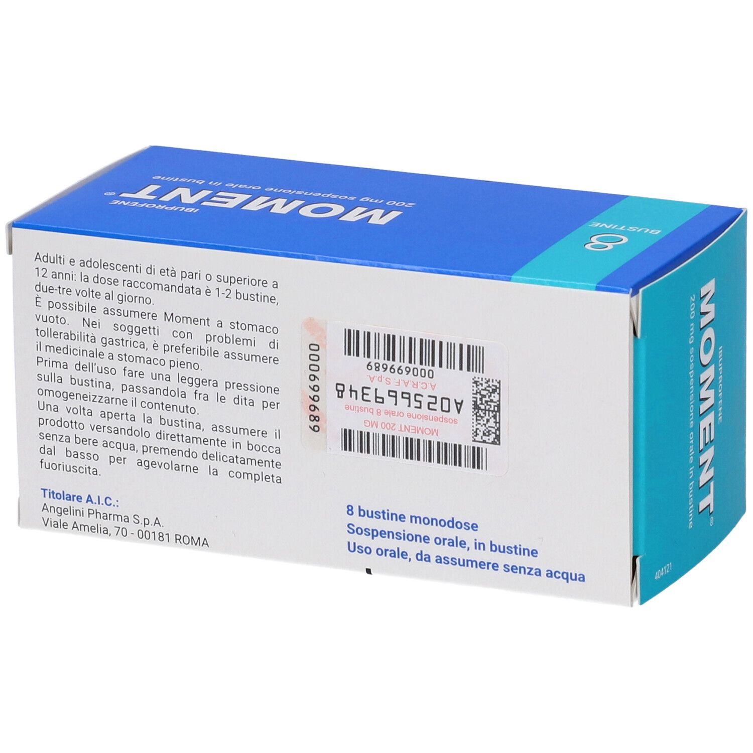 Scatola blu "Moment" con 8 bustine. Retro con testo e codice a barre. Scritta: 200 mg sospensione orale.