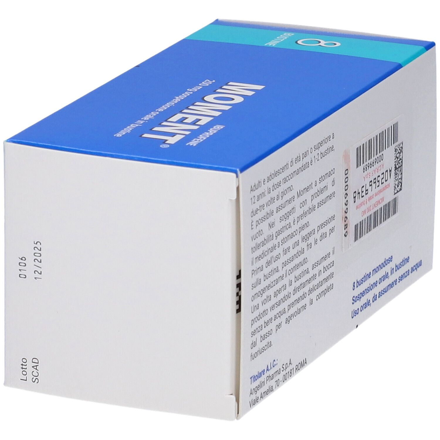 Scatola blu "Moment" con 8 bustine. Retro con testo e codice a barre. Scritta: 200 mg sospensione orale.