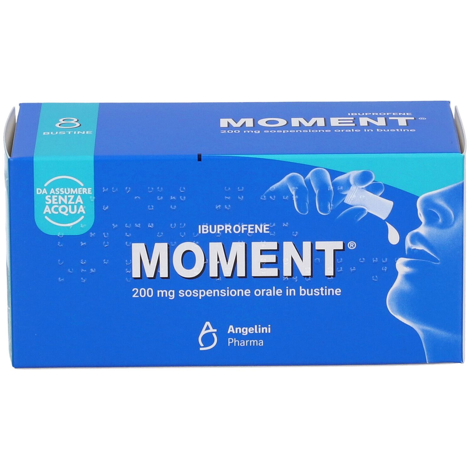 Scatola blu "Moment" con 8 bustine. Scritta: 200 mg sospensione orale in bustine. Illustrazione di persona.