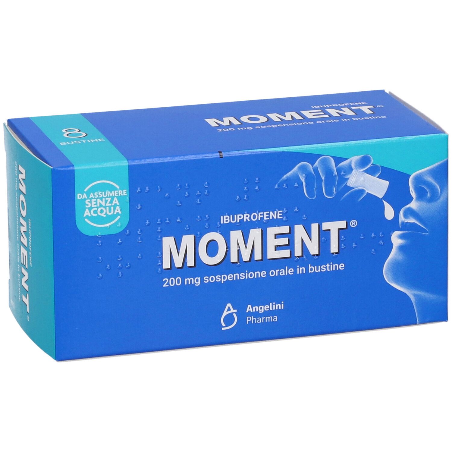 Scatola blu "Moment" con 8 bustine. Scritta: 200 mg sospensione orale in bustine. Illustrazione di persona.