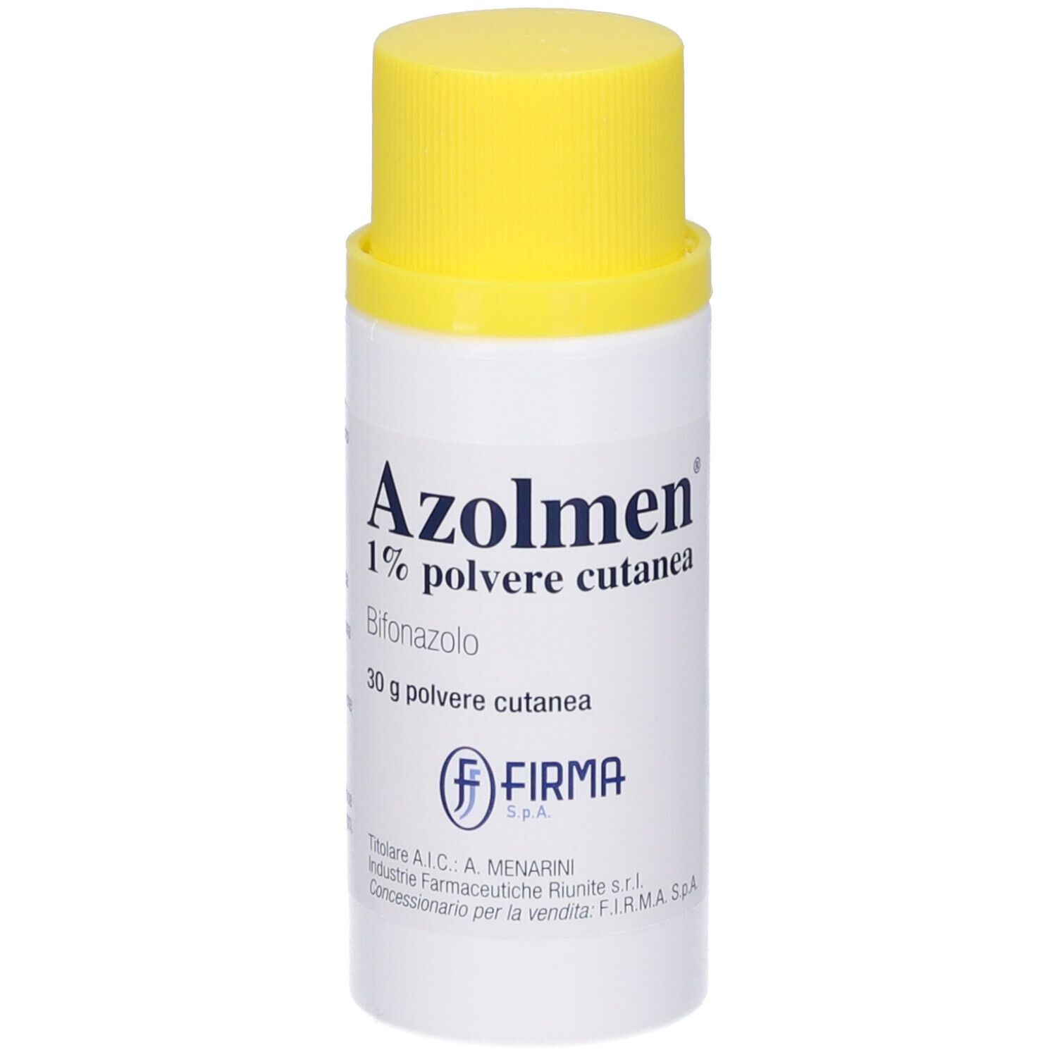 Flacone bianco con tappo giallo. Scritta: Azolmen 1% Polvere cutanea. 30 g polvere. Logo Firma.