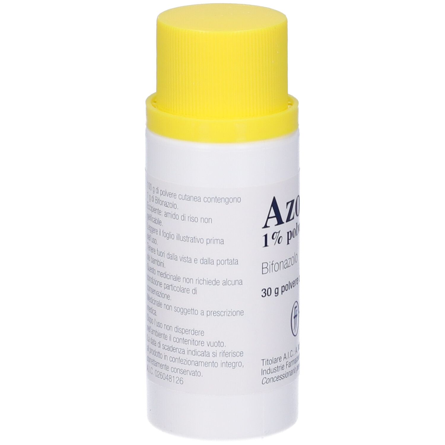 Flacone bianco con tappo giallo. Testo in italiano. Logo Firma. Informazioni sul retro.