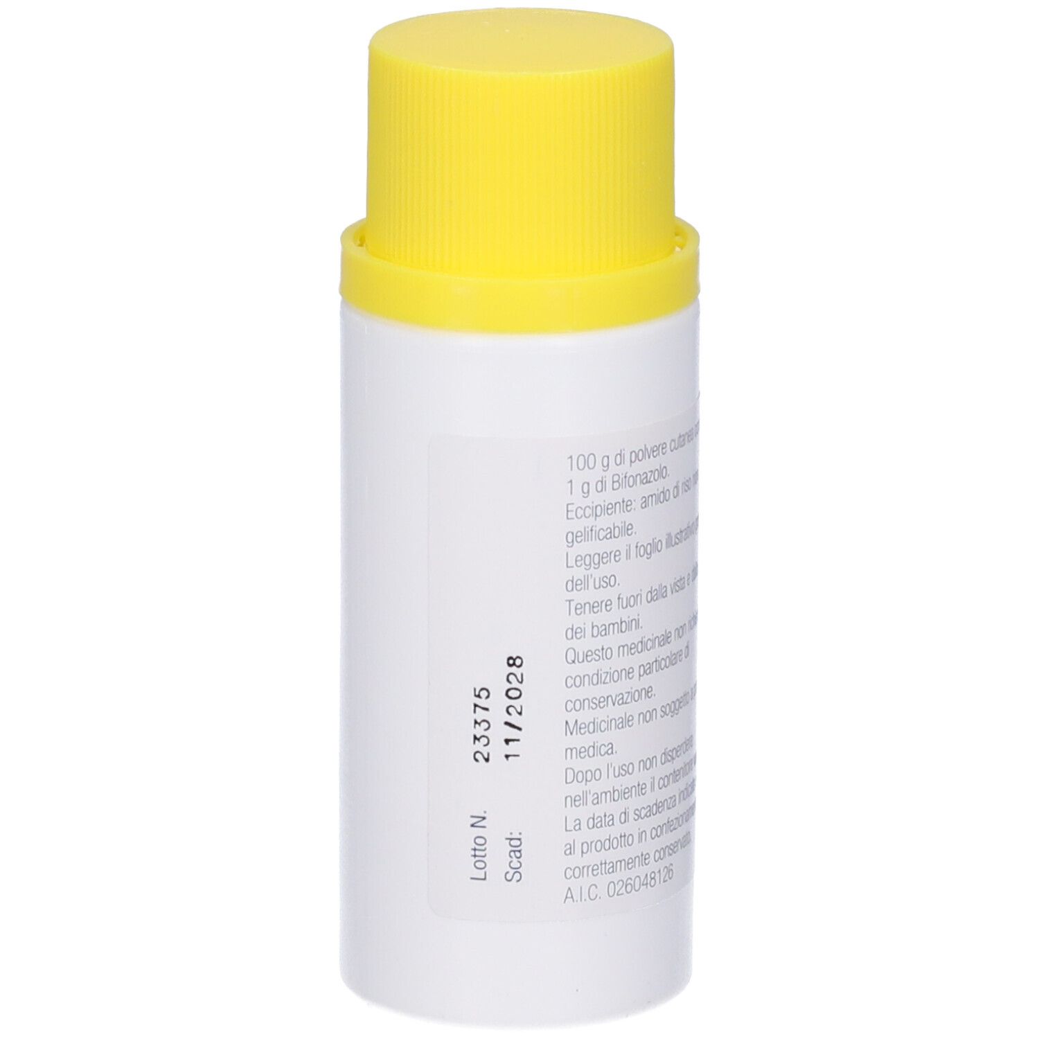 Flacone bianco con tappo giallo. Testo in italiano. Numero lotto e scadenza: 11/2028.