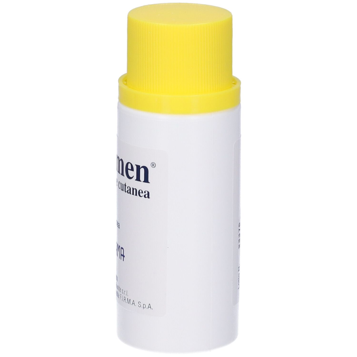Flacone bianco con tappo giallo. Scritta: Azolmen 1% Polvere cutanea. Testo in italiano.