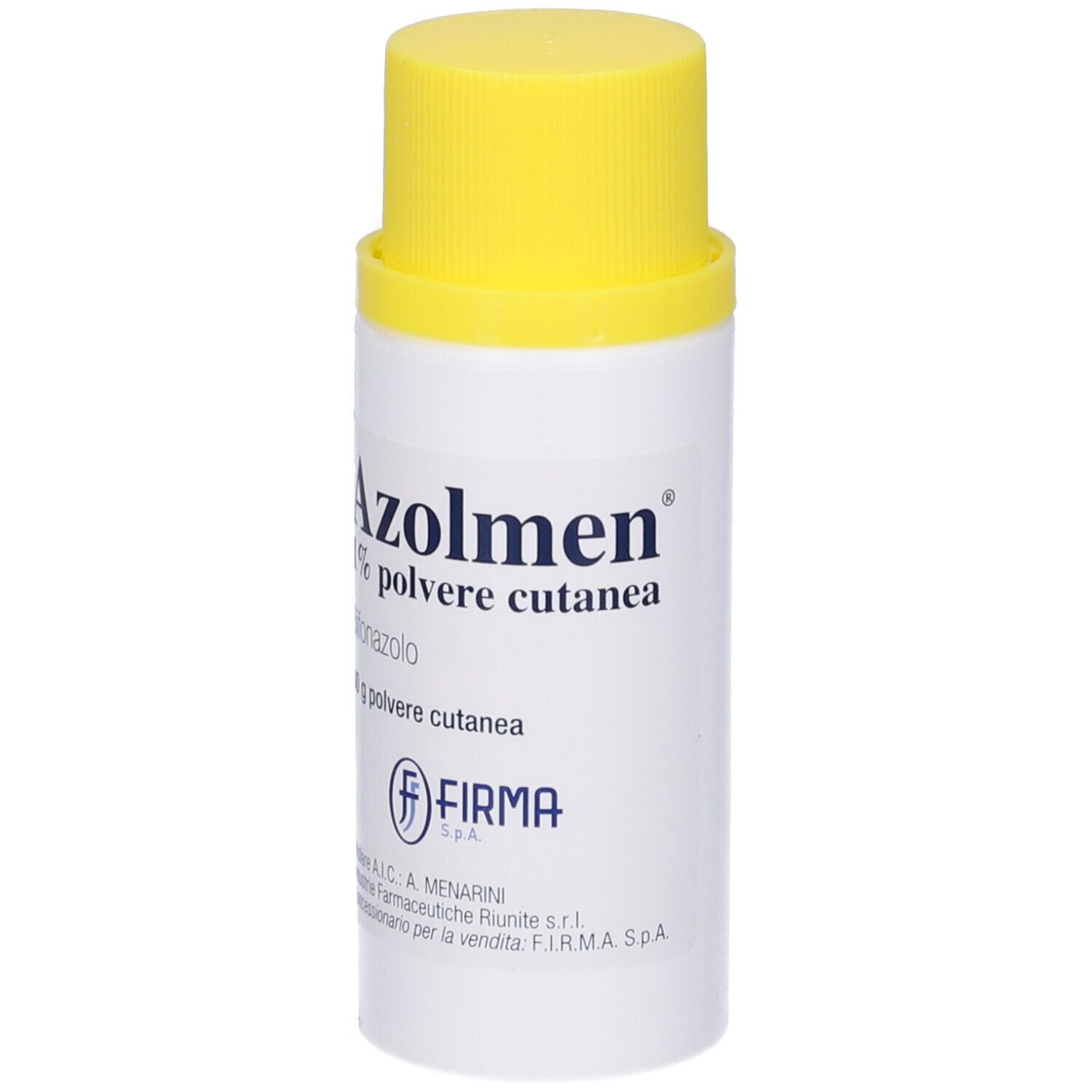 Flacone bianco con tappo giallo. Scritta: Azolmen 1% Polvere cutanea. Logo Firma.