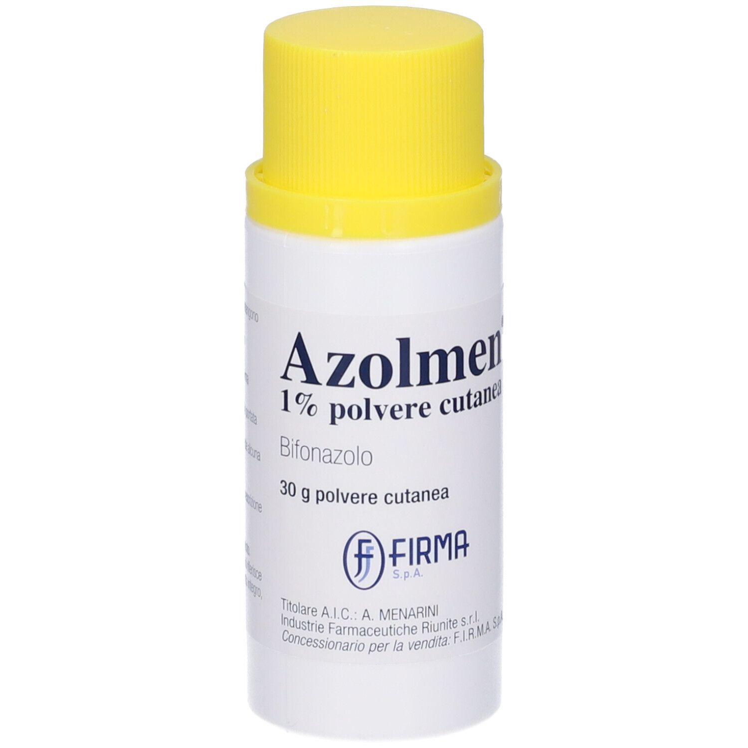 Flacone bianco con tappo giallo. Scritta: Azolmen 1% Polvere cutanea. 30 g polvere. Logo Firma.