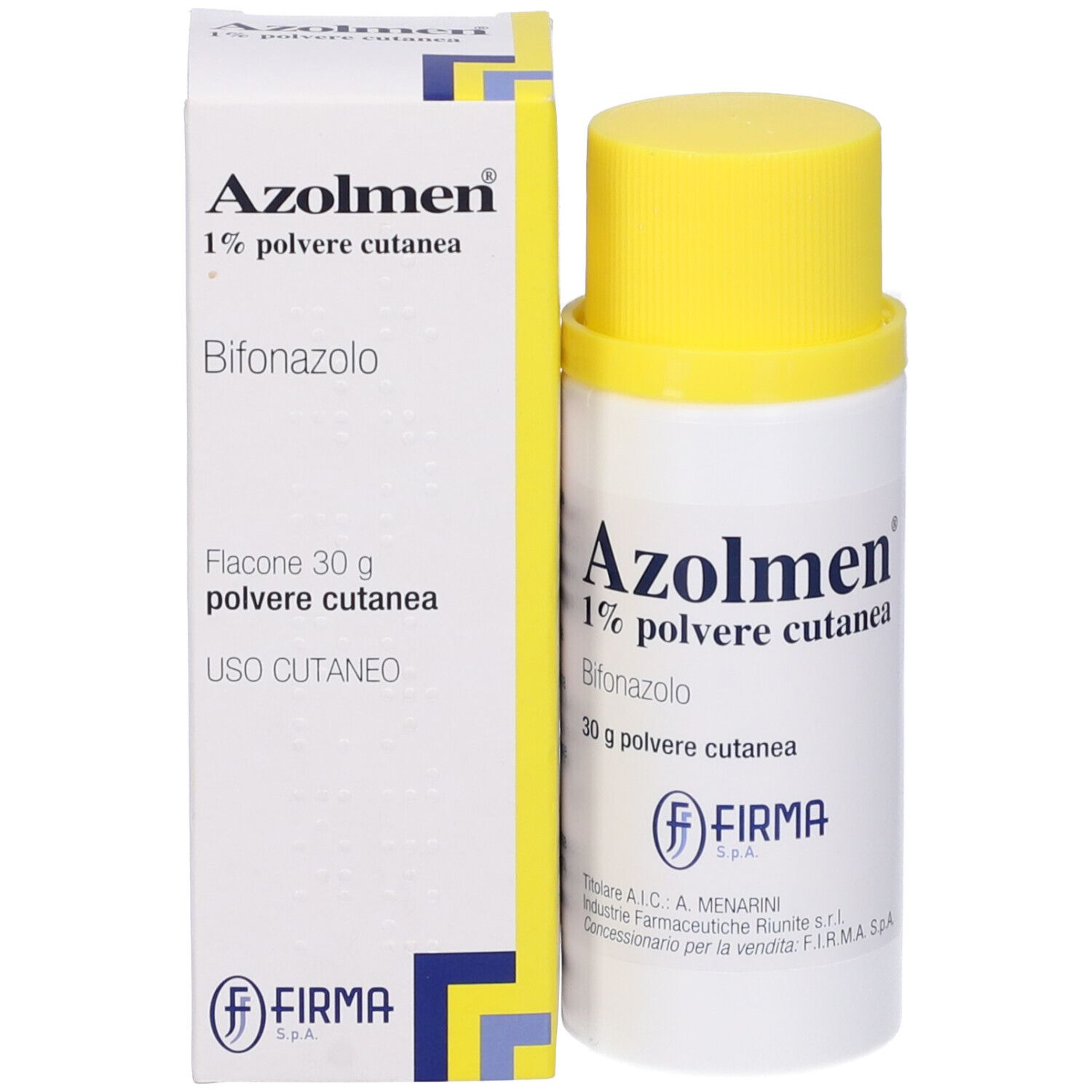 Confezione: flacone e scatola. Scritta: Azolmen 1% Polvere cutanea. 30 g polvere. Logo Firma.