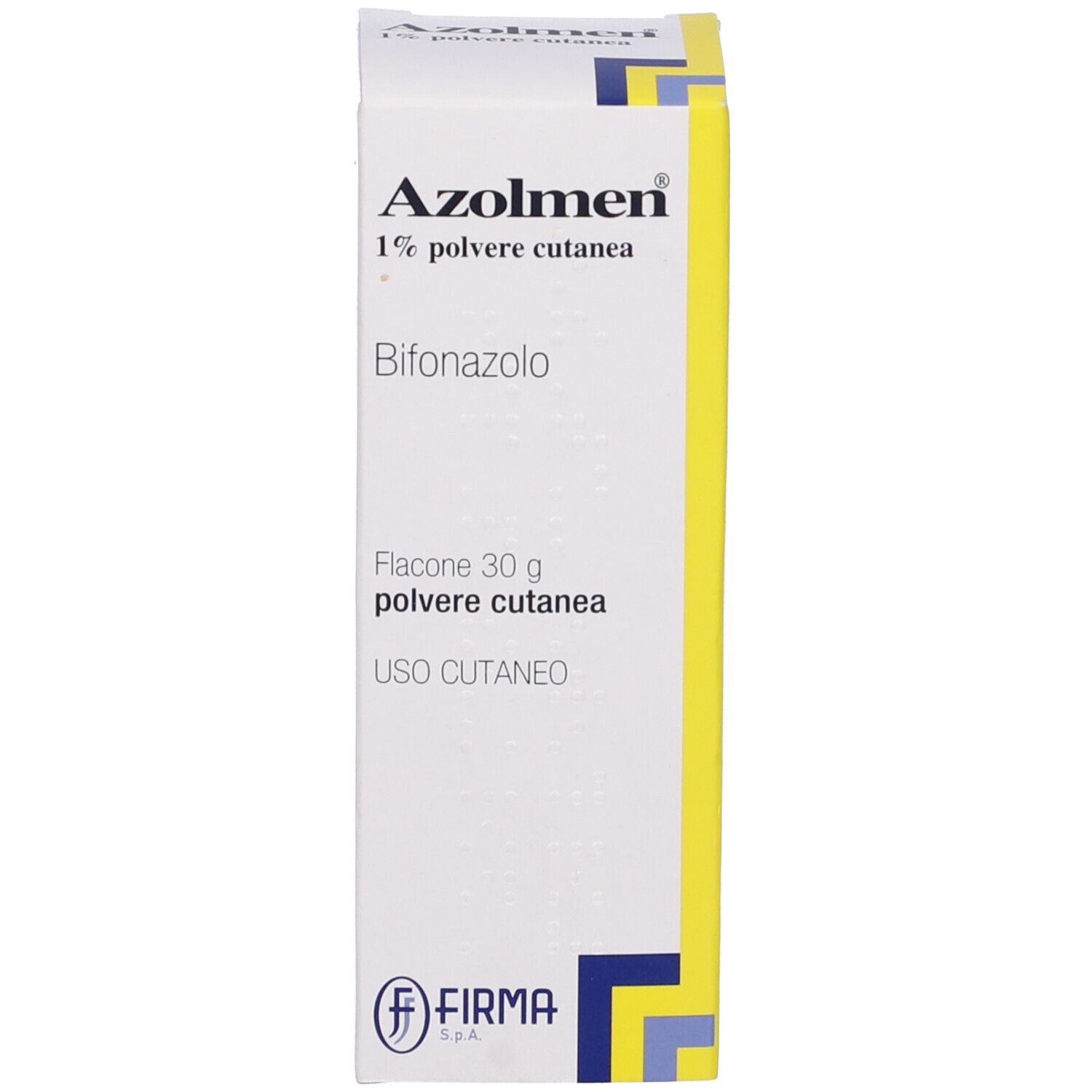 Confezione: scatola. Scritta: Azolmen 1% Polvere cutanea. 30 g polvere. Logo Firma.